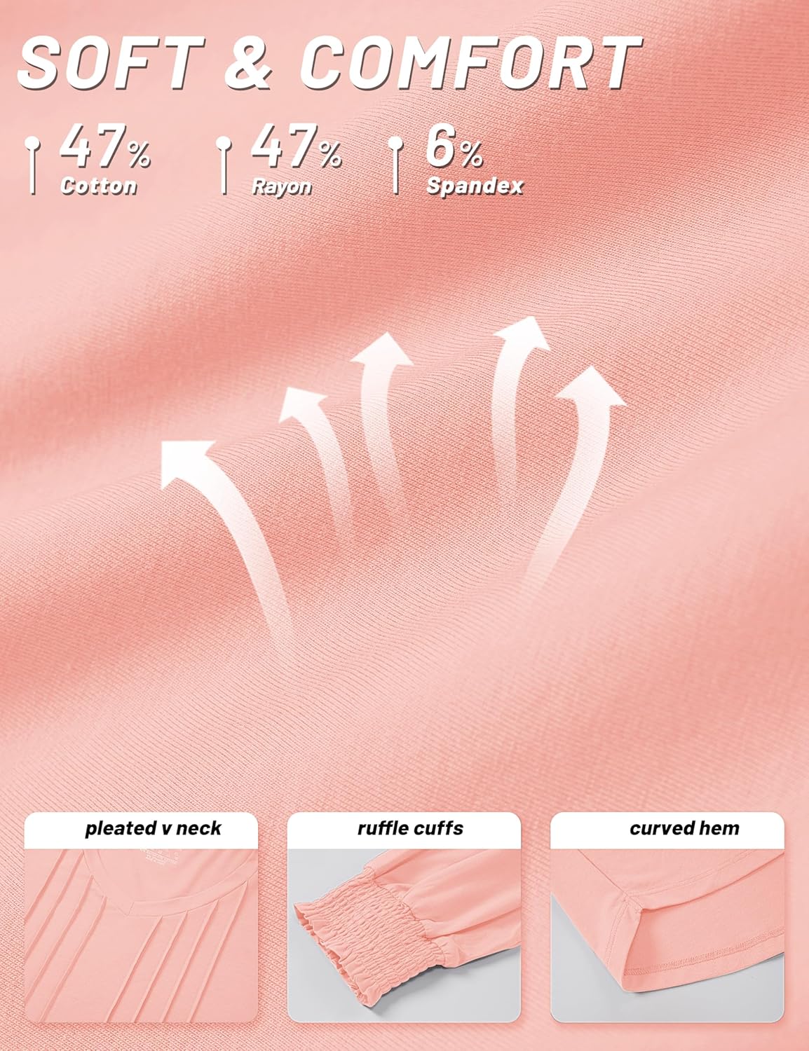 YUCOLEN Womens Long Sleeve Shirt V Neck T Shirts Pleated Dressy Casual Blouses Ruffle Cuffs Loose Tunic Tops - Image 6