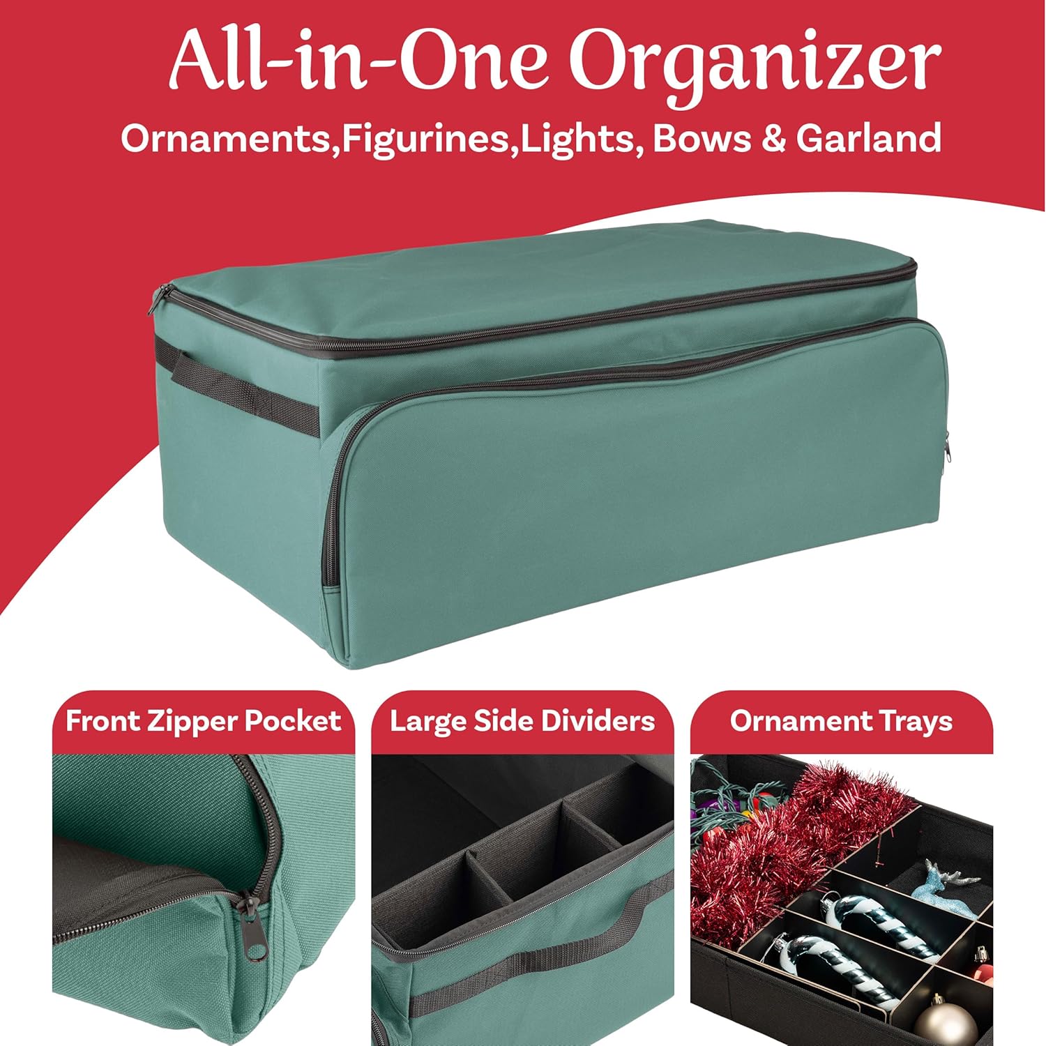 Christmas Ornament Storage Box - Christmas Ornament Organizer Storage Box with 3 Trays, Adjustable Grids, and Large Front Zipper Pocket - Fits up to 72 Bulbs and Decorations by Elf Stor (Green)