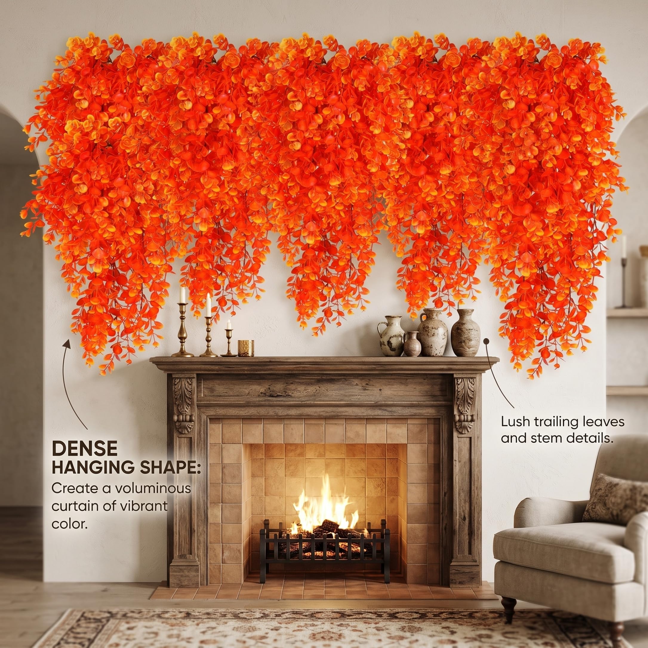 Piante pensili 6 pezzi rampicanti artificiali arancioni | Stile a cascata densa, in plastica, per Halloween e spazi gotici interni/esterni