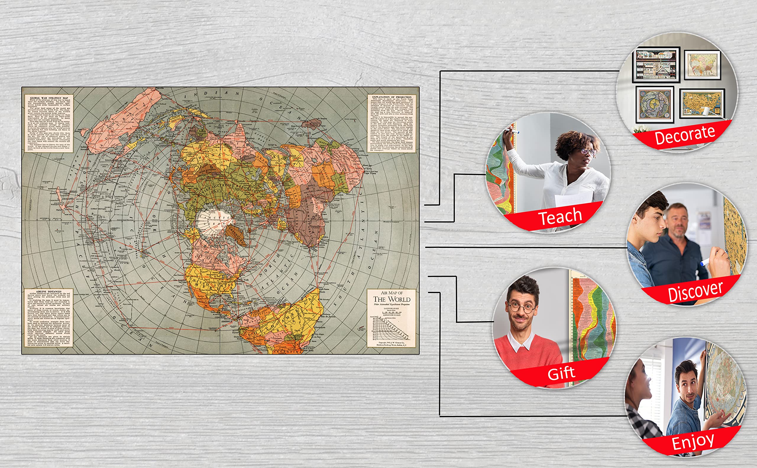 Mapa plano de la Tierra del Mundo - Mapa de proyección equidistante azimutal polar de 1943 - Gran regalo de la Tierra Plana - Póster artístico de pared grande (23 x 34 pulgadas)