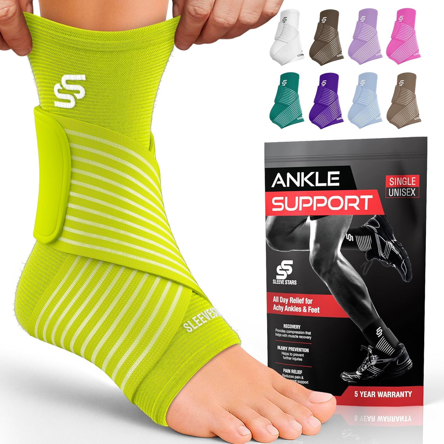 Sleeve Stars Ankle Brace for Women & Men, Ankle Wrap for Sprain, Compression Sleeve for Plantar Fasciitis Relief, Easy Customizable Support: w/ Removable Strap (Pair/M:10"-12"/Neon Green) Medium Neon Green 2