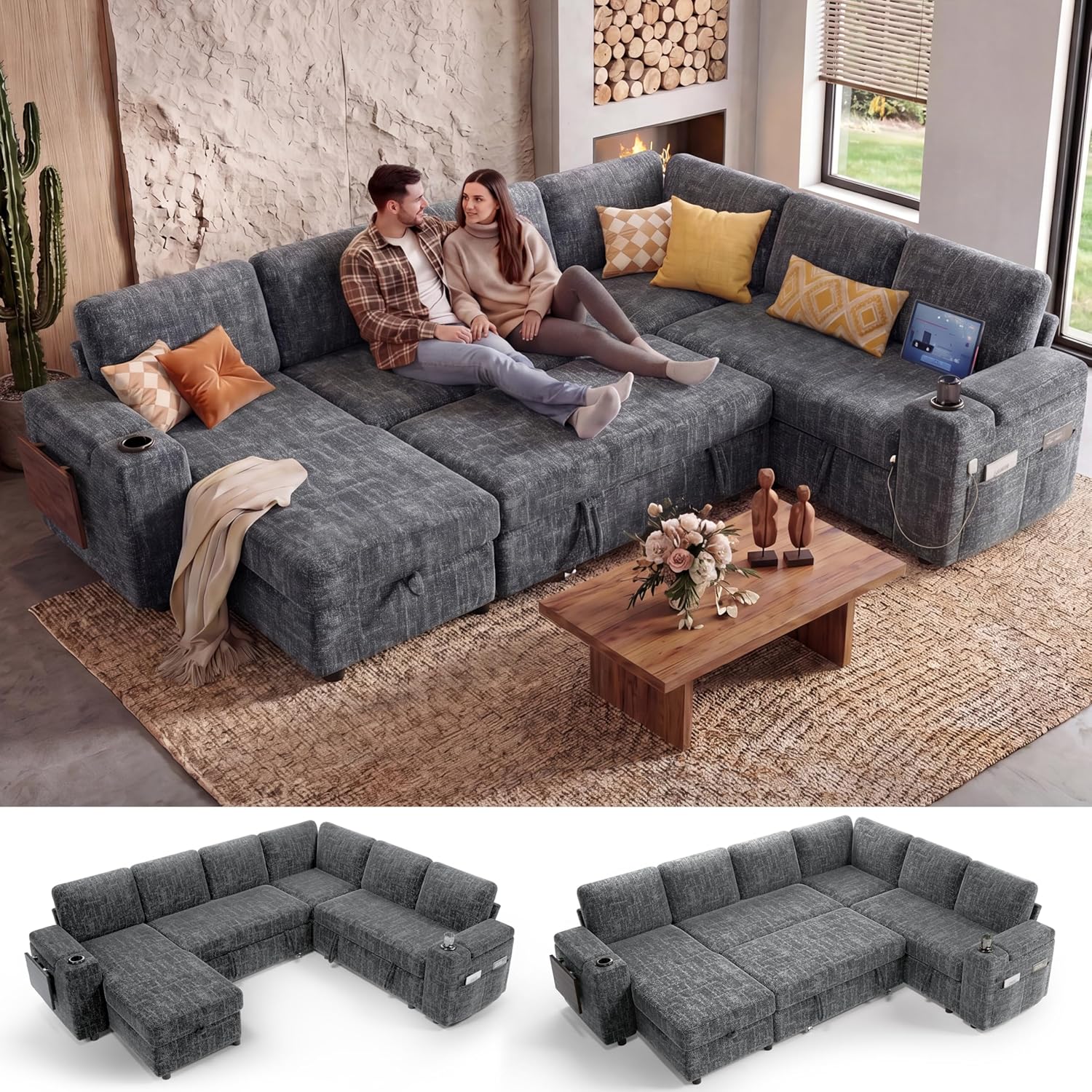 WEUP 111" Modular Sectional Sleeper Sofa with Pull Out Bed, Storage Chaise, USB Ports & Cup Holders, Chenille L-Shaped Couch, Grey