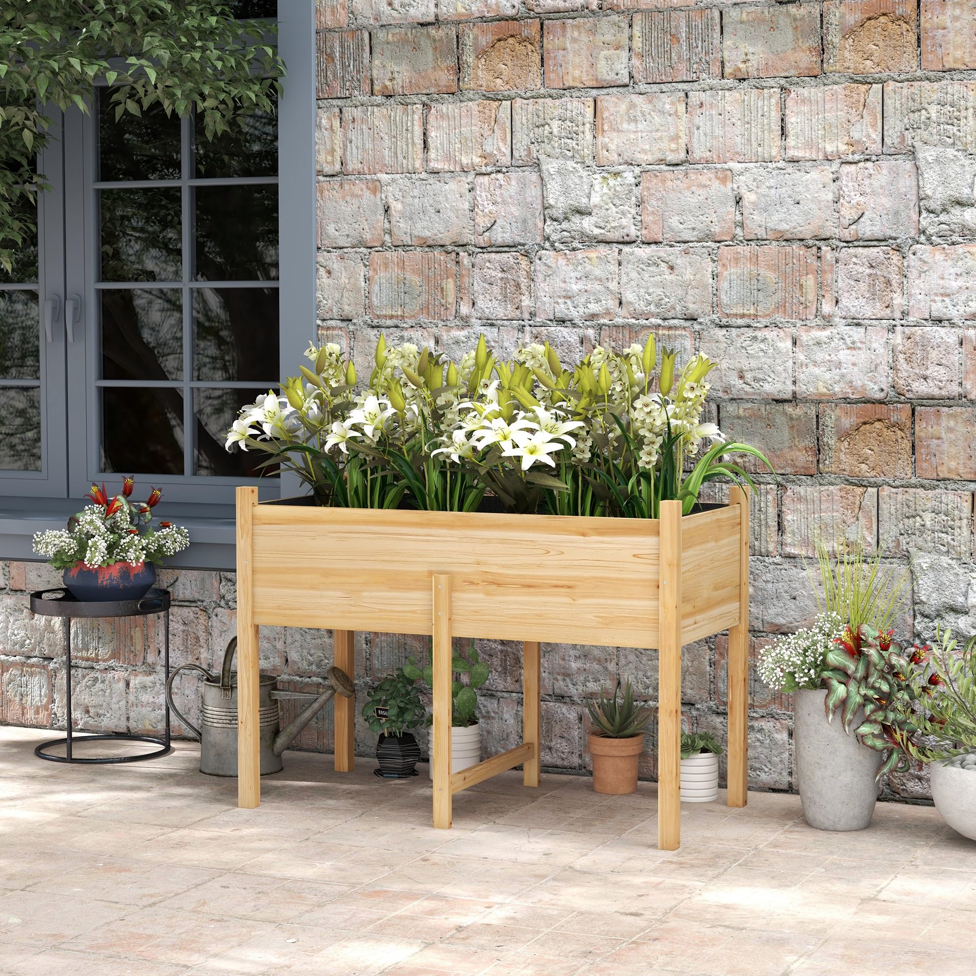Outsunny Huerto Urbano Elevado Mesa de Cultivo de Madera 115x55x80 cm Jardinera de Cultivo con Tela no Tejida Carga 100 kg para Cultivo Plantas Flores Verduras Natural