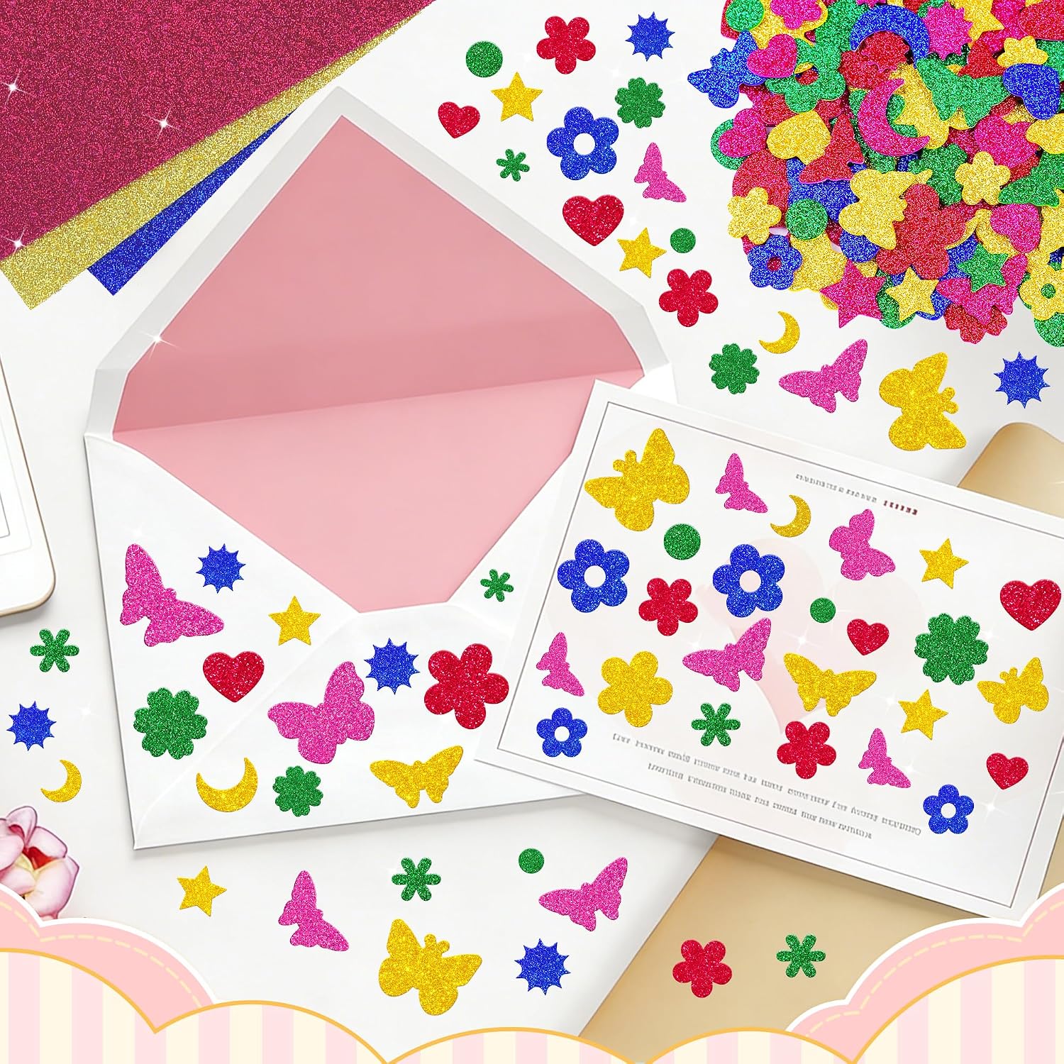 500Pcs Foam Stickers Glitter 3D Spring Foam Shape Stickers,Heart Star Moon