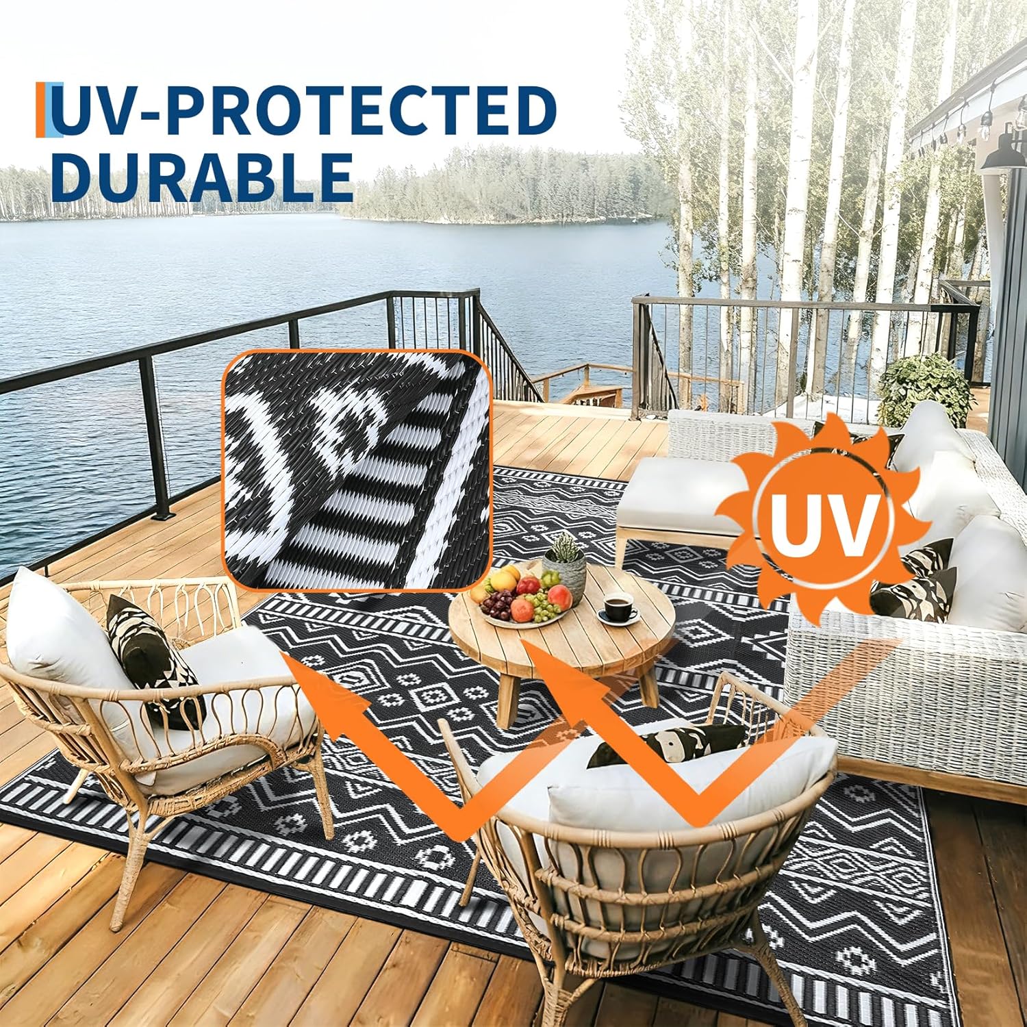 Boho 10x20 Waterproof Outdoor Rug, Reversible Plastic Straw Mat, Tribal Geometric Washable RV Camping Carpet, Foldable UV Resistant Deck Rug for Picnic Backyard Balcony Porch Patio, Black