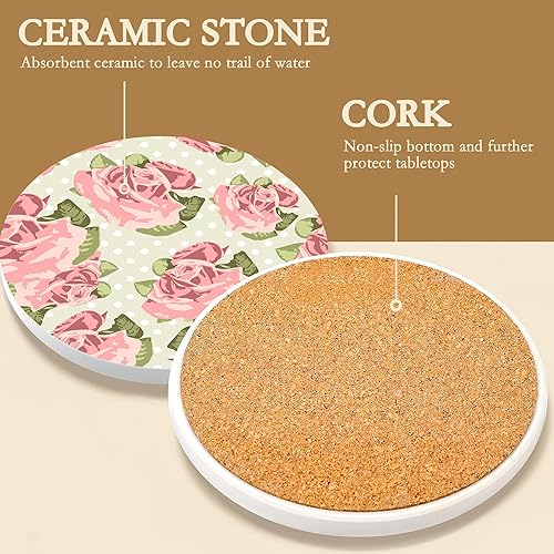 Miniatura 3 de Posavasos para bebidas, 6 piezas, diseño de flores Shabby Chic con soporte de almacenamiento, juego de posavasos de cerámica duradero para bebidas