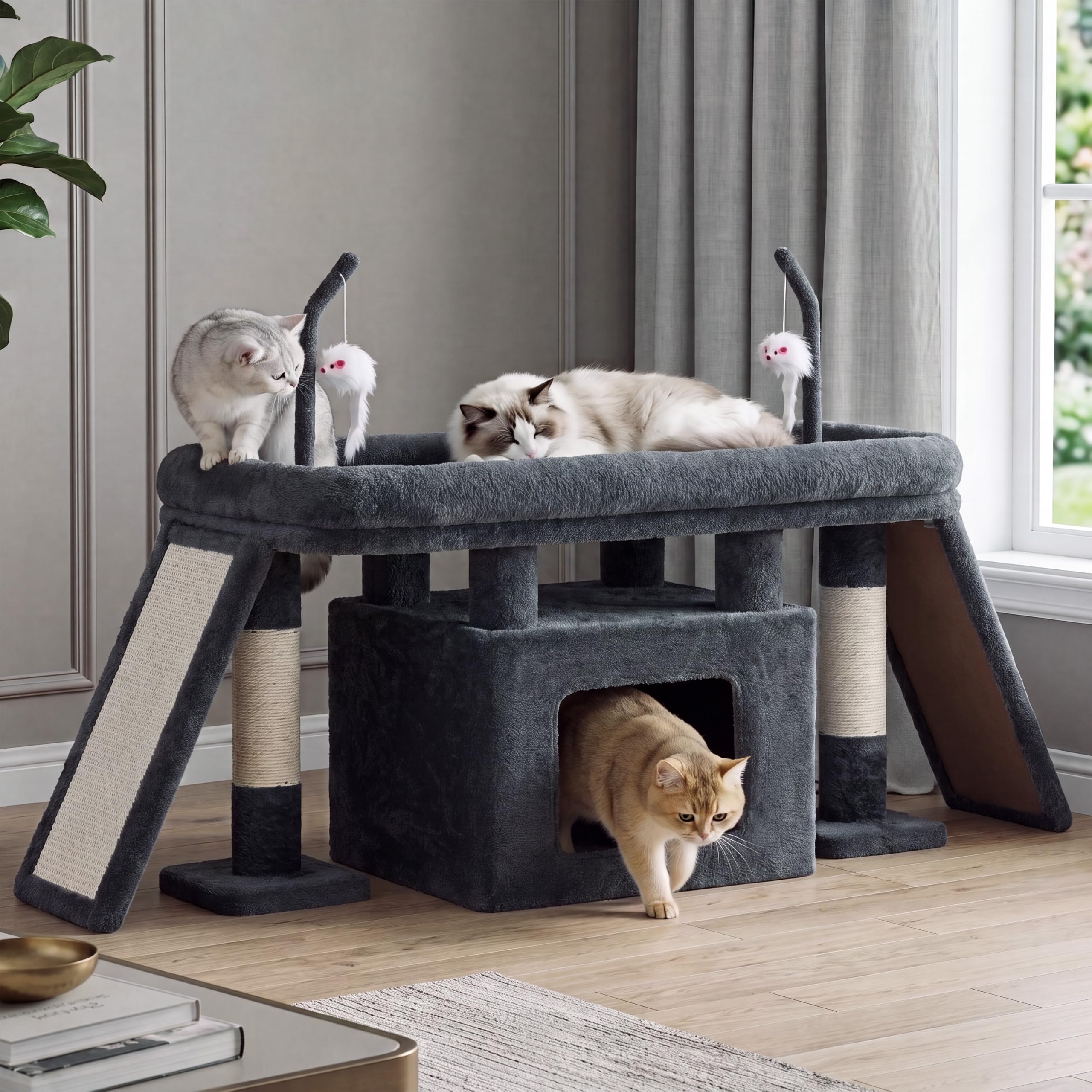 Heybly Cat Tree Extra-Long & Stable 2 Adjustable Scratch Boards HCT210SG