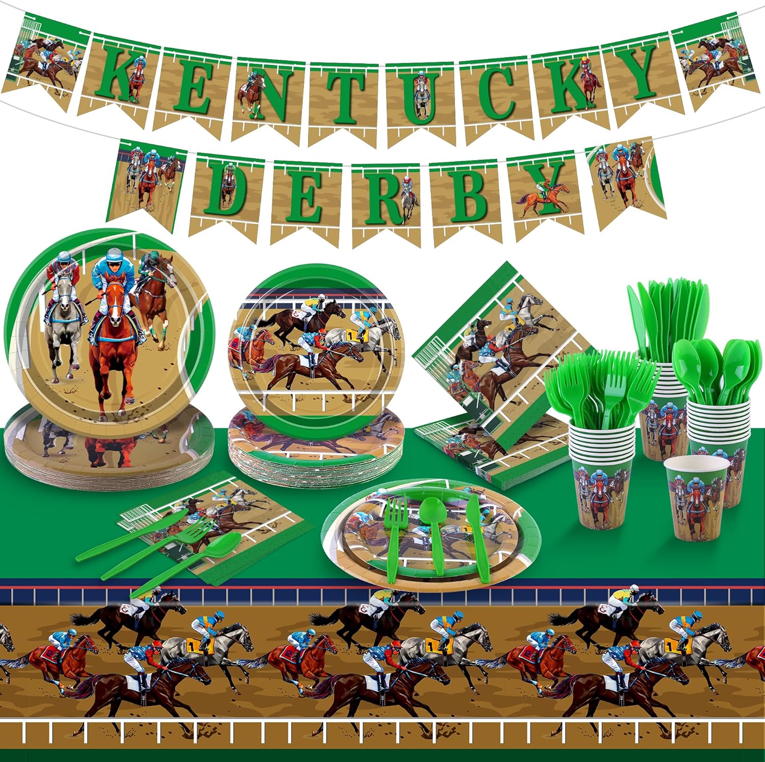 Kochorie 196 Pieces Horse Racing Tableware Set Include Disposable Plates Cups Napkins Banner Plastic Tablecloth Cutlery for Horse Racing Party Supplies, Serve 24 Guests
