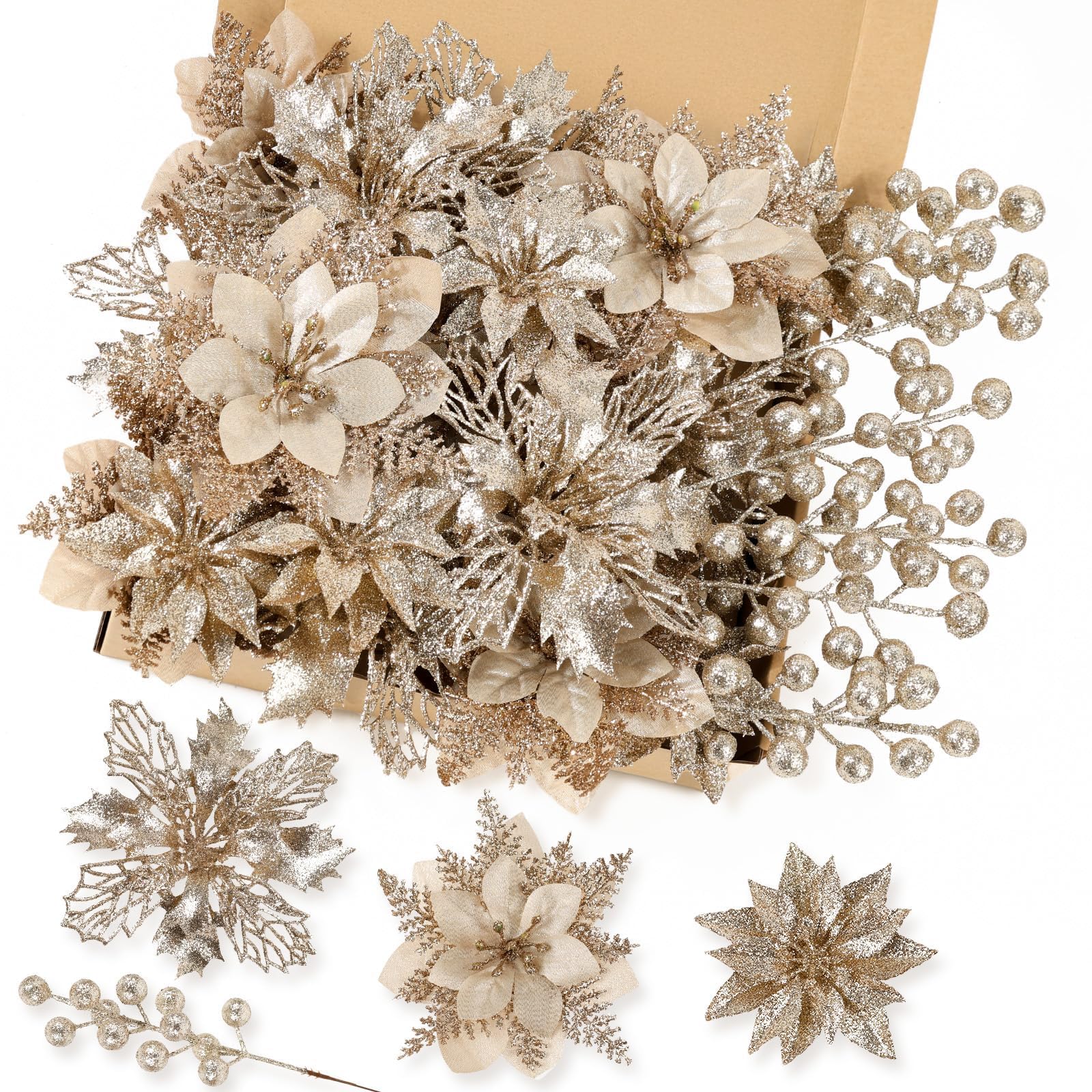 24Pcs Christmas Glitter Artificial Poinsettia Flowers, Champagne Gold