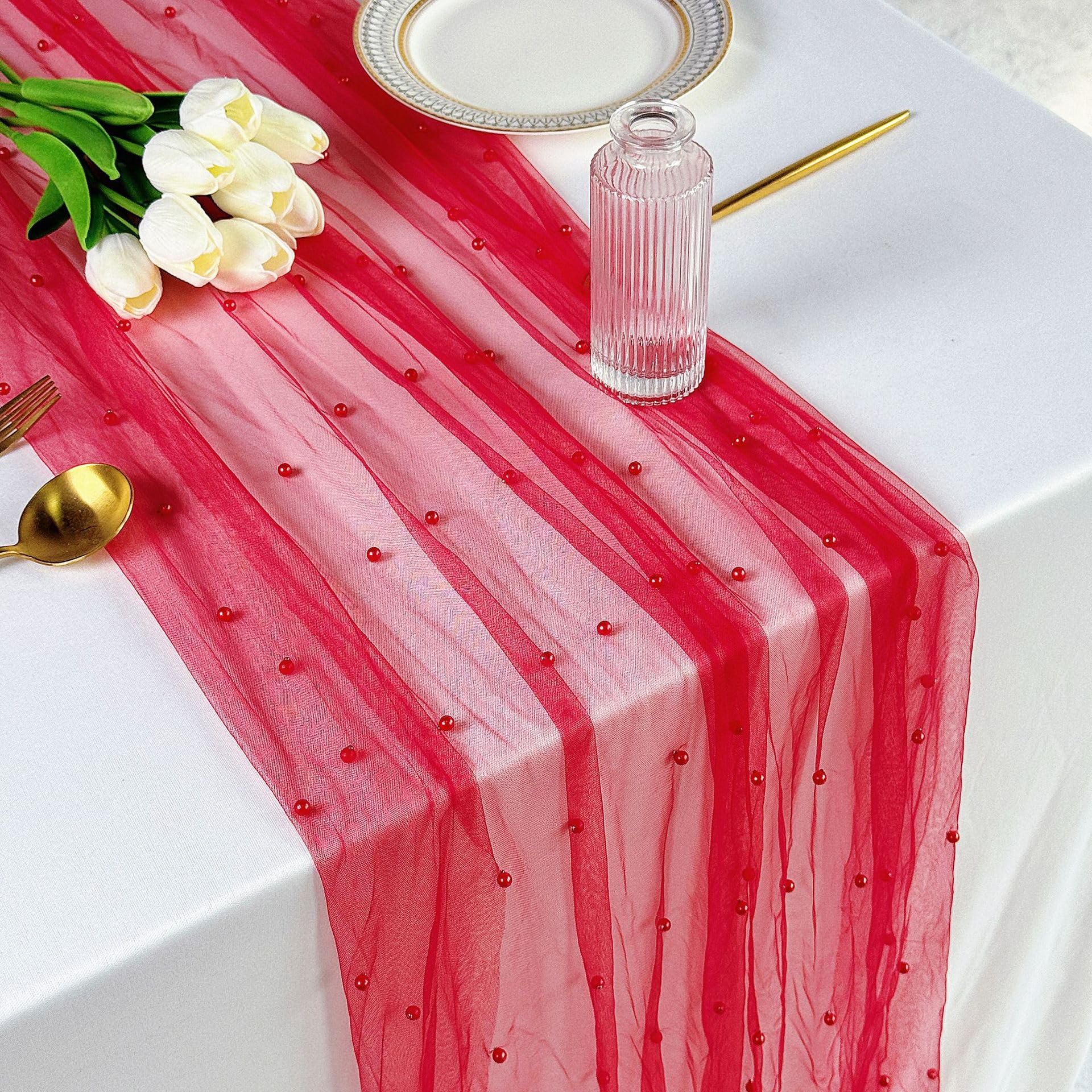 Plancholo Pearl Table Runner 118 Inches Long Red Boho Rustic Tulle Table Runner with Red Pearls for Wedding Birthday Party Table Decor, 59x118 Inches