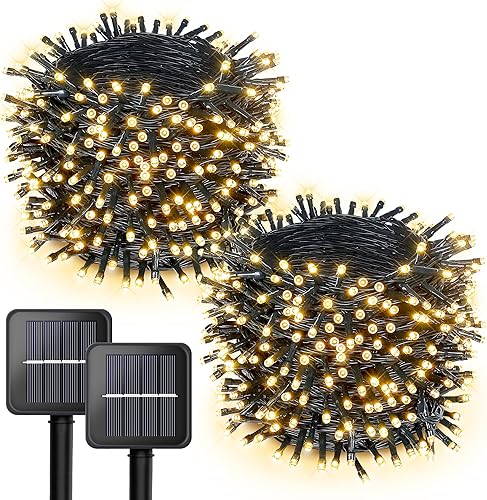 woohaha Paquete de 2 tiras de luces solares de 100 LED, 39 pies, 8 modos, luces solares de Navidad impermeables para jardines, bodas, fiestas,