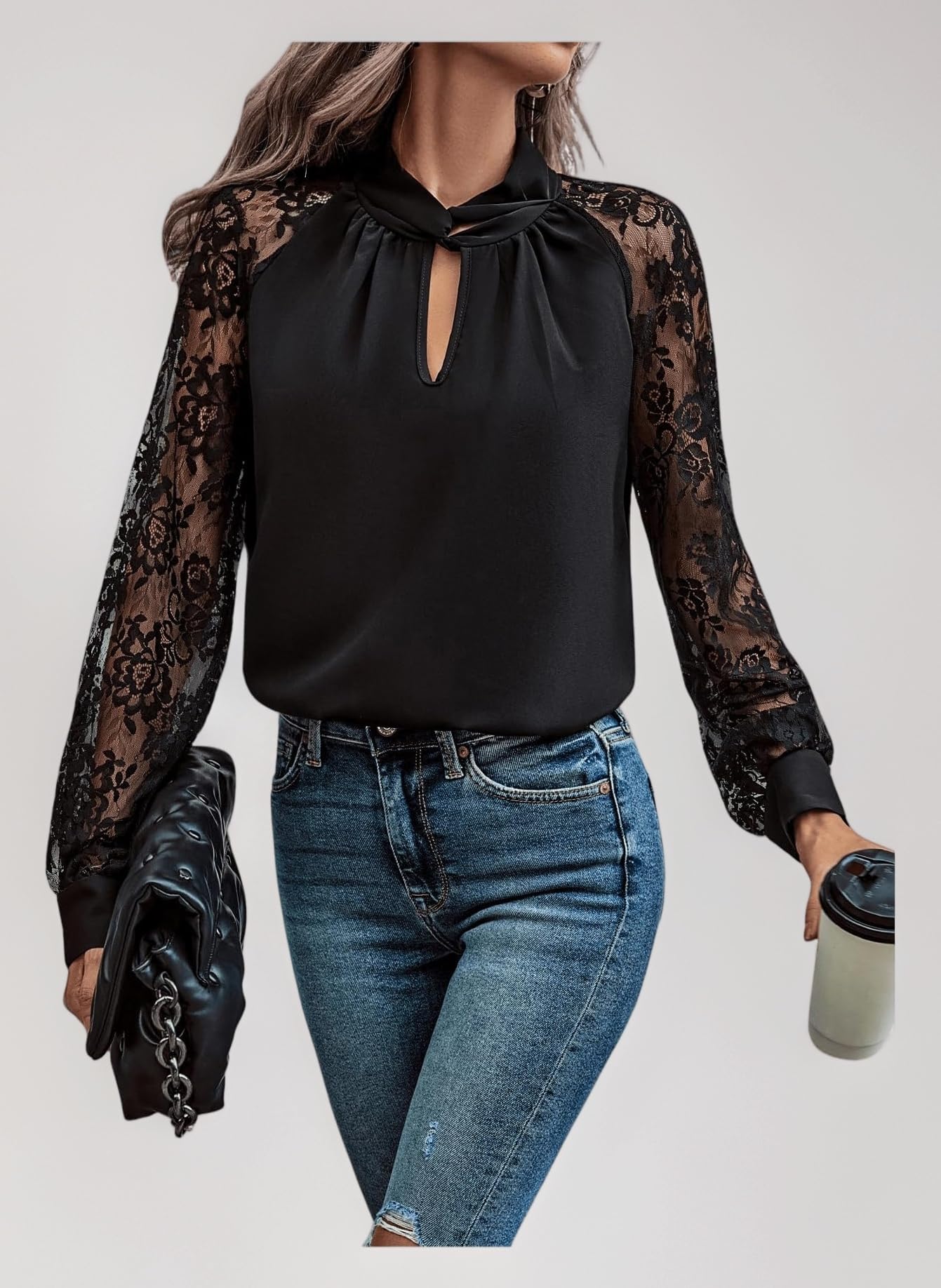Women's Keyhole Neck Twist Knot Elegant Blouses Lace Sheer Long Sleeve Ruched Shirts Going Out Tops