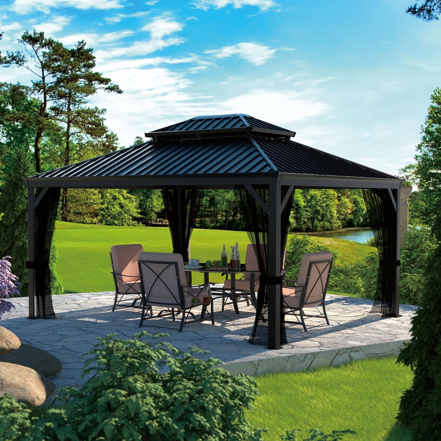 MUPATER 10' × 12' Outdoor Gazebo, Hardtop Gazebo Tent with Double Roof, Heavy Duty Structure with Drainage System and Mosquito Netting for Patio, Backyard, Deck, Black