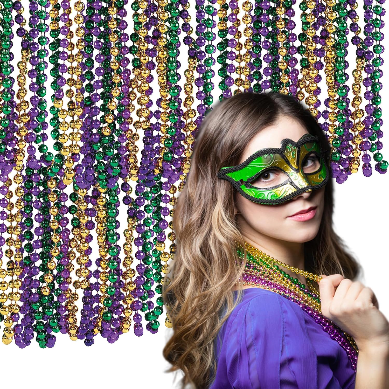 Fun Express Tri Color Metallic Mardi Gras Beads in Green, Purple and Gold (Set of 48) 30 inch Necklace on a Breakaway Cord, Great for Parades, Birthdays and Other Events