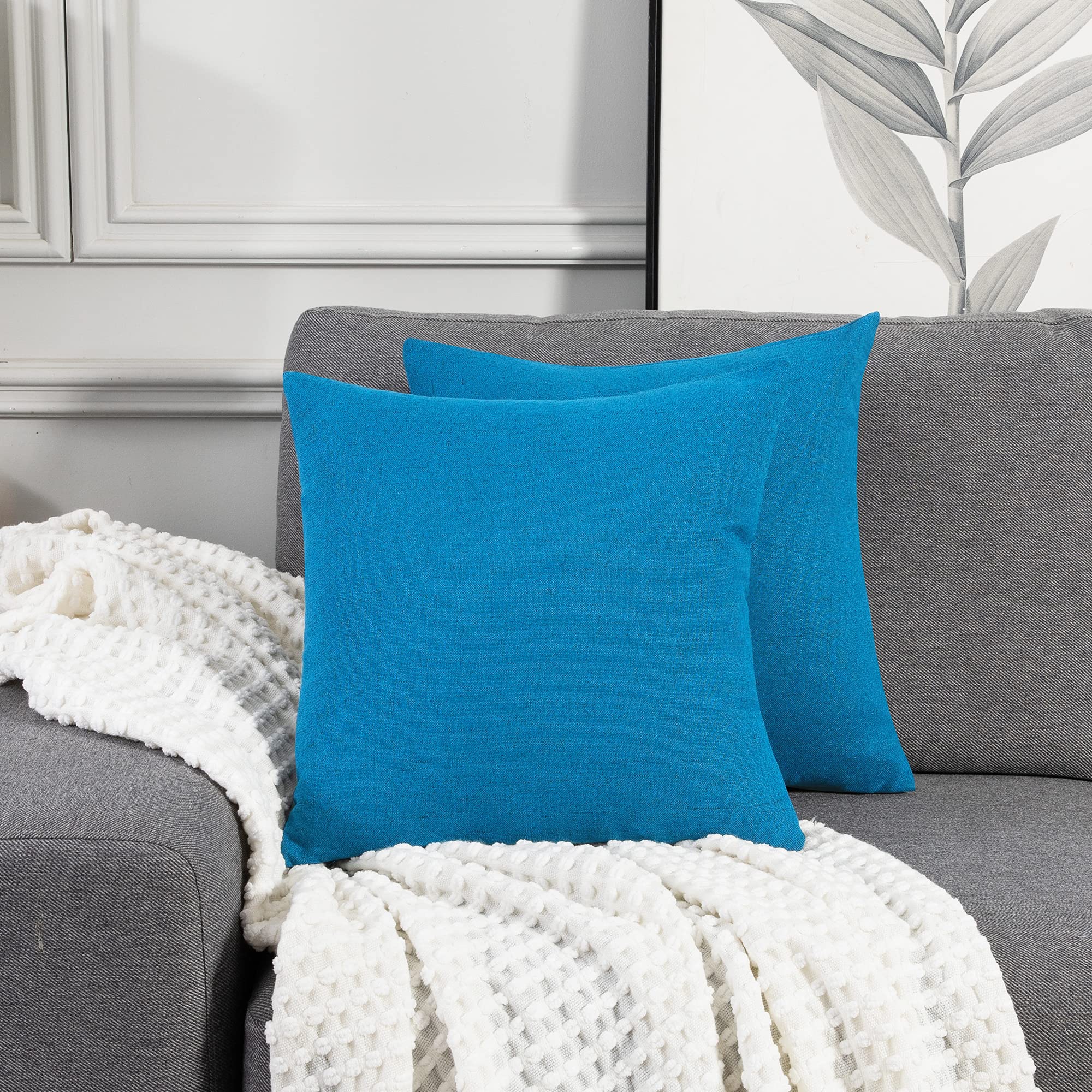 Deconovo Home Decorative Square Cushion Covers, Faux Linen Throw Pillow Cases for Bedroom with Invisible Zipper, 22x22 Inch, set of 2, Blue Atoll