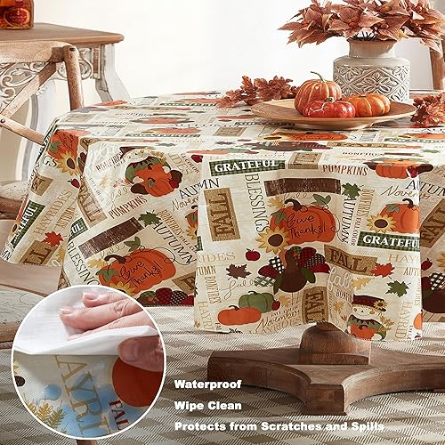 Miniatura 4 de Newbridge Fall Hayride and Happy Scarecrow - Mantel de vinilo con parte trasera de franela de Acción de Gracias, pavo guingán y calabaza, mantel de