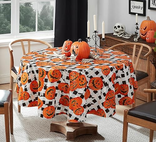 Miniatura 10 de Newbridge Mantel de vinilo con parte trasera de franela de Halloween Jack O Lantern Pumpkin Farm, diseño de calabazas y murciélagos a cuadros negros
