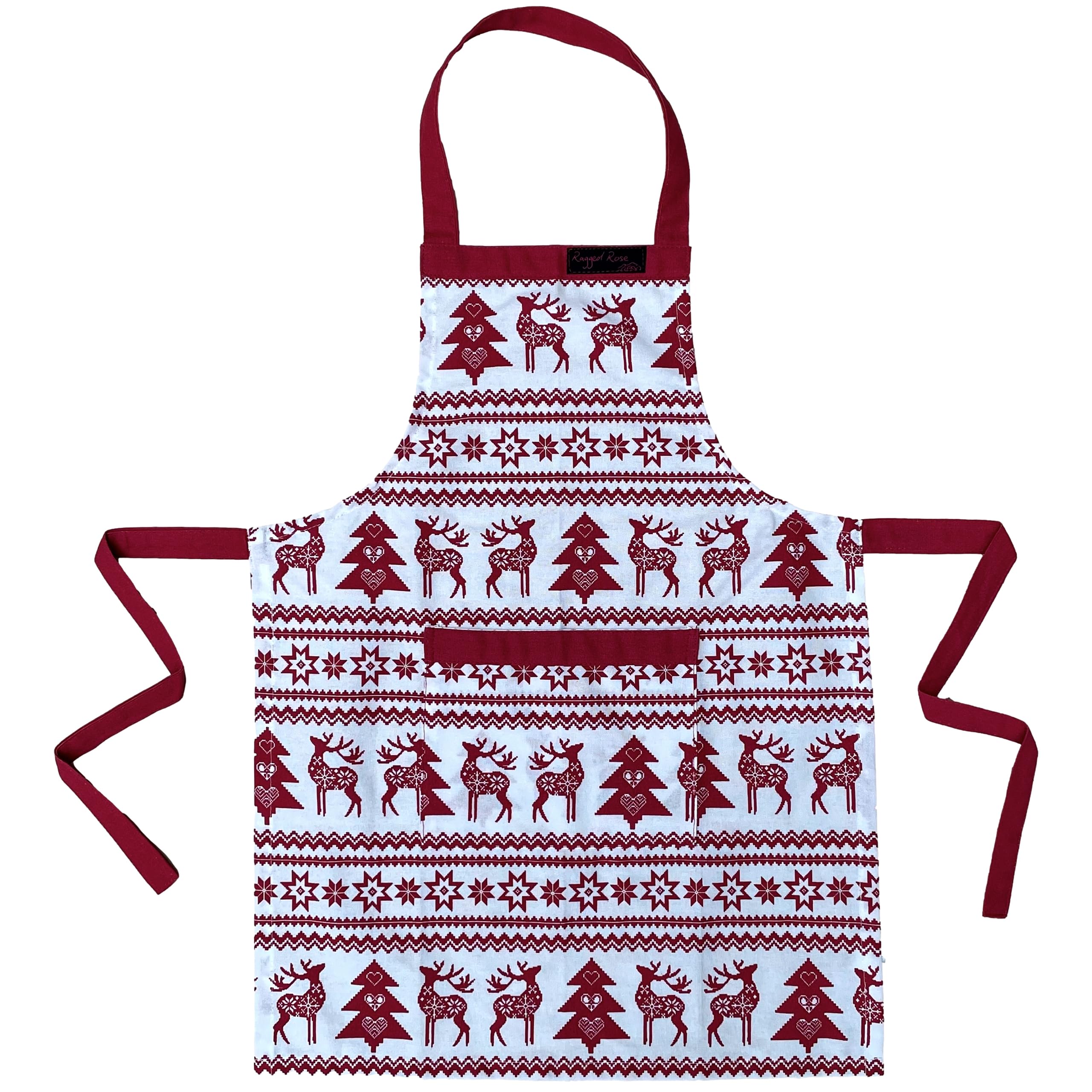 Ragged Rose Boys Red Nordic Childs Christmas Apron Christmas Apron - Kids Aprons For Cooking & Dishwashing - Frilly Apron With Adjustable Neck Strap, Front Pocket, & Ties - Nordic Red Apron For 3-7 Years Old - 63 Cm X 44 Cm Cotton Apron