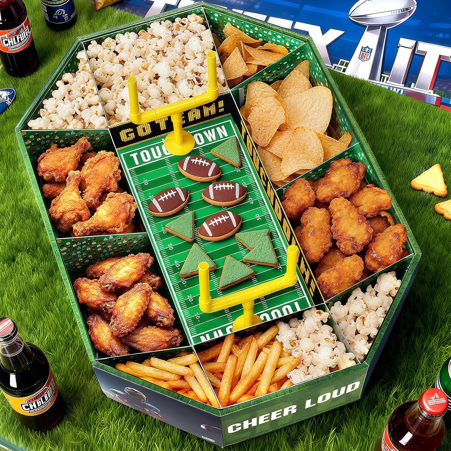 Gloween Football Party Decorations 2026, Football Snack Stadium Food Tray Set, Ideal Party Supplies for Birthday & Tailgate （Disposable, 24"L x 17"W x 5"H）