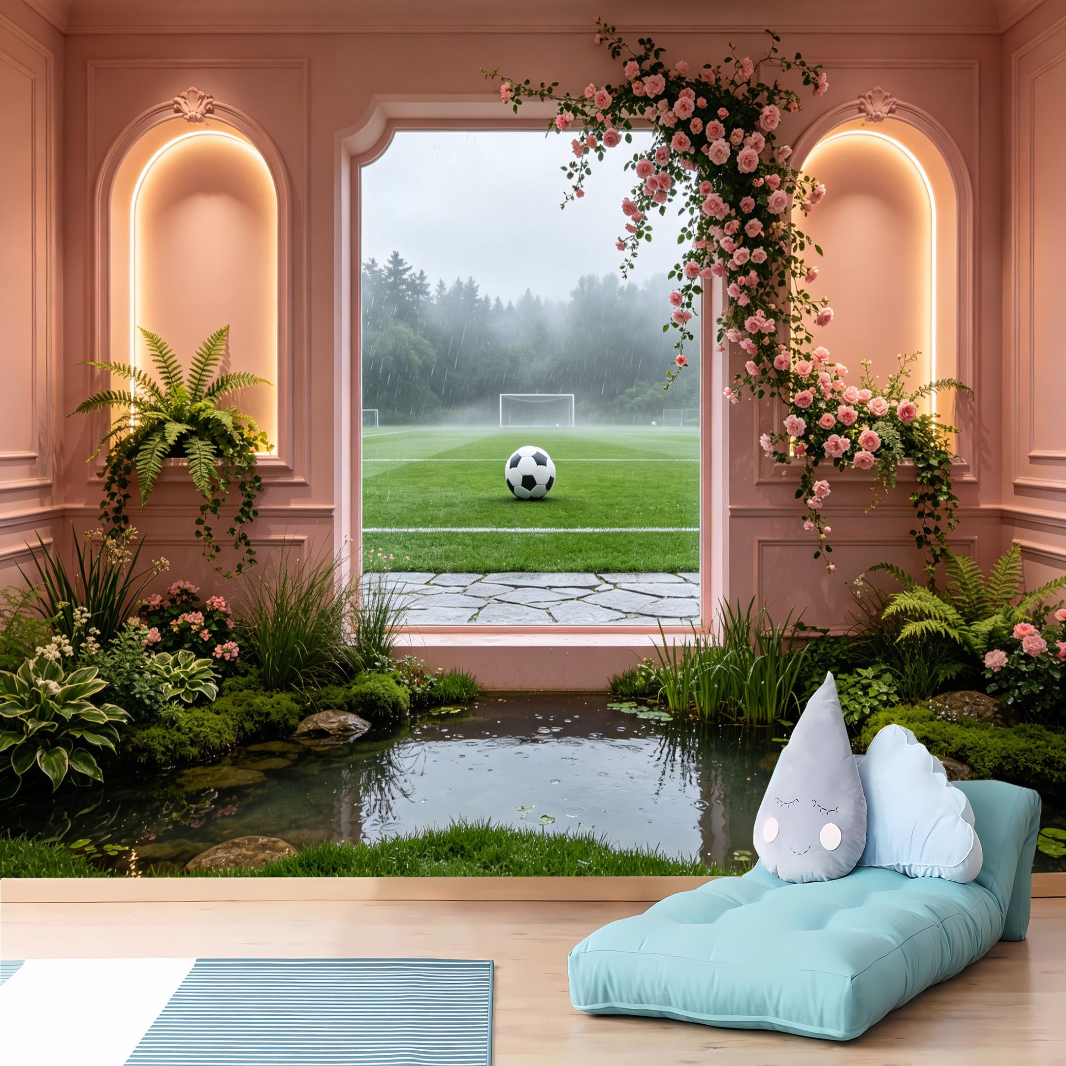 Custom Size Wall Murals,Soccer Field View from Pink Arched Window Wall Murals,HD,Self-Adhesive Removable Wallpaper for Man Cave Bedroom