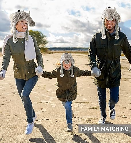 Miniatura 5 de DolliBu Sombrero de peluche de elefante gris, sombrero súper suave y cálido con orejeras, divertido sombrero loco de fiesta de felpa, sombrero de