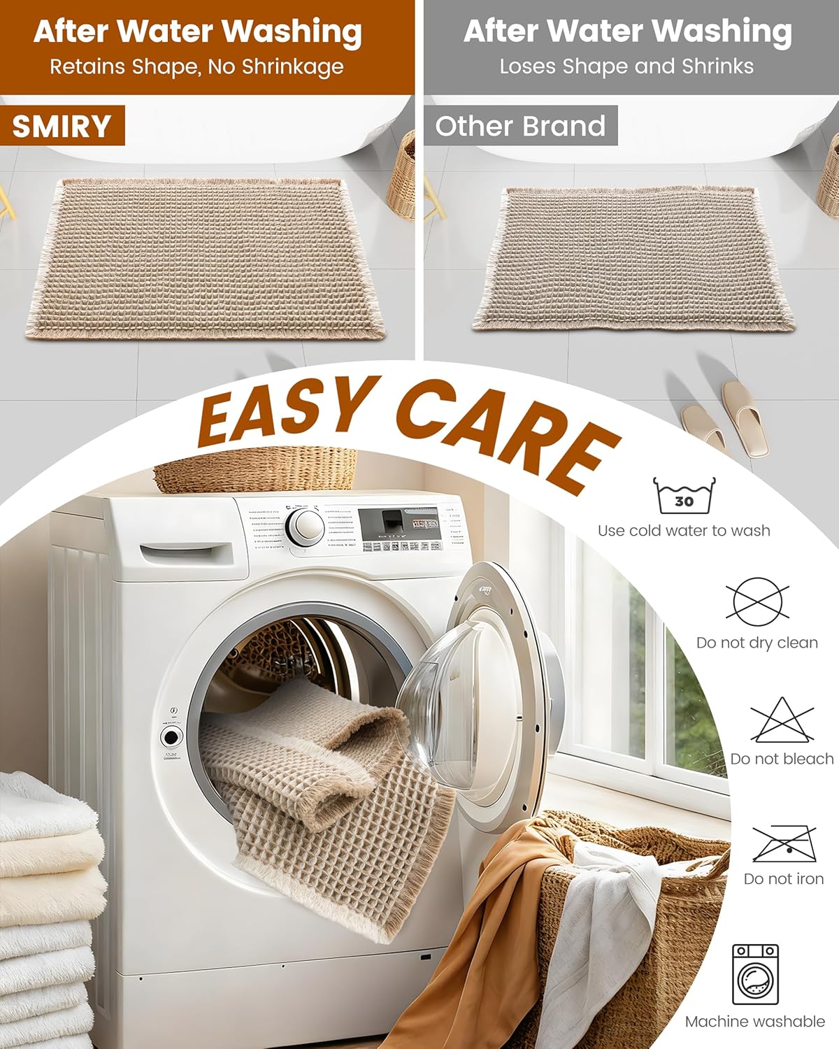 Smiry Waffle Bath Mat 36x24, Extra Soft Absorbent Bathroom Rugs, Non Slip Machine Washable Quick Dry Bath Rugs for Bathroom Floor, Tub, Shower, Home Decor Accessories, Brown & Cream