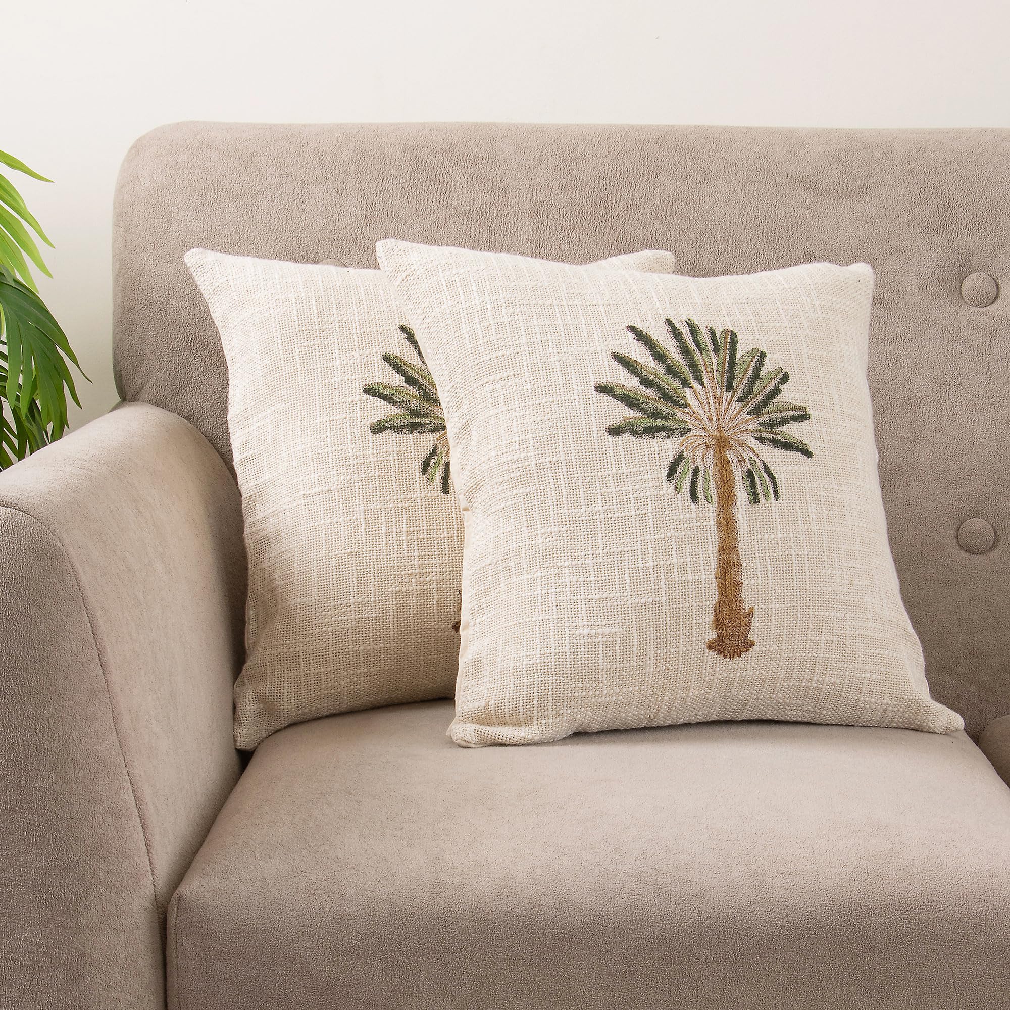 DMAASA Palm Tree Cotton Cushion Cover Set for Decorative Sofa Throw with 40x40 cm Covers, Beige (2 Cushion Cover)