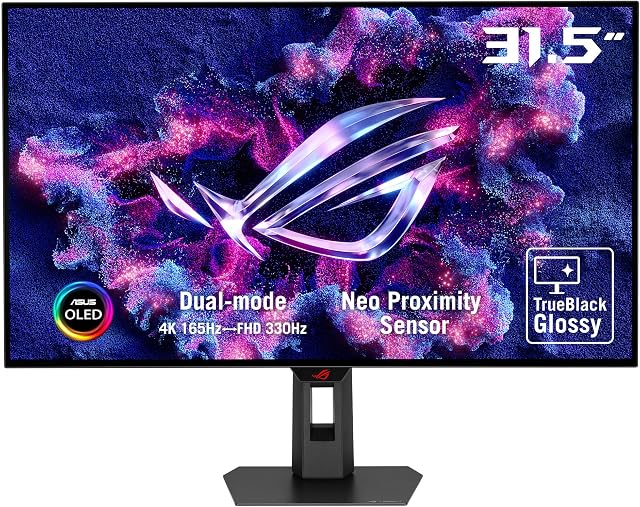 ASUS ROG Strix 32” 4K OLED Gaming Monitor (XG32UCWG) - TrueBlack Glossy OLED, Dual Mode (4K@165Hz, FHD@330Hz), 0.03ms, G-SYNC Compatible, Neo Proximity Sensor, AutoKVM, USB-C, HDMI 2.1, 3 yr Warranty