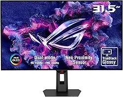 ASUS ROG Strix 81.3 cm 4K OLED Gaming Monitor (XG32UCWG) - TrueBlack Glossy OLED, Dual Mode (4K@165Hz, FHD@330Hz), 0,03ms, G-SYNC compatível, sensor de proximidade Neo, Auto KVM, USB-C, HDMI 2.1, 3