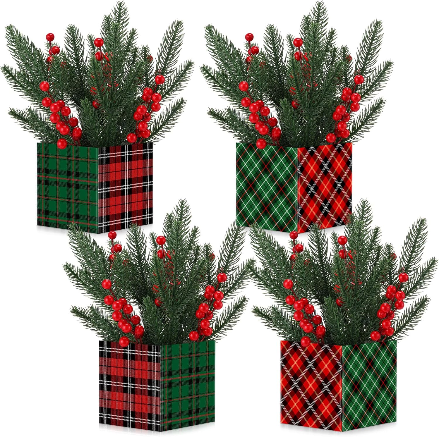 Zeyune 8 Set Christmas Centerpiece for Table Bulk, 4.7 Inch Xmas Centerpiece Decoration Ideal with Artificial Pine Branches and Red Berries Stems for Xmas Party Indoor Home Decor (Christmas Plaid)