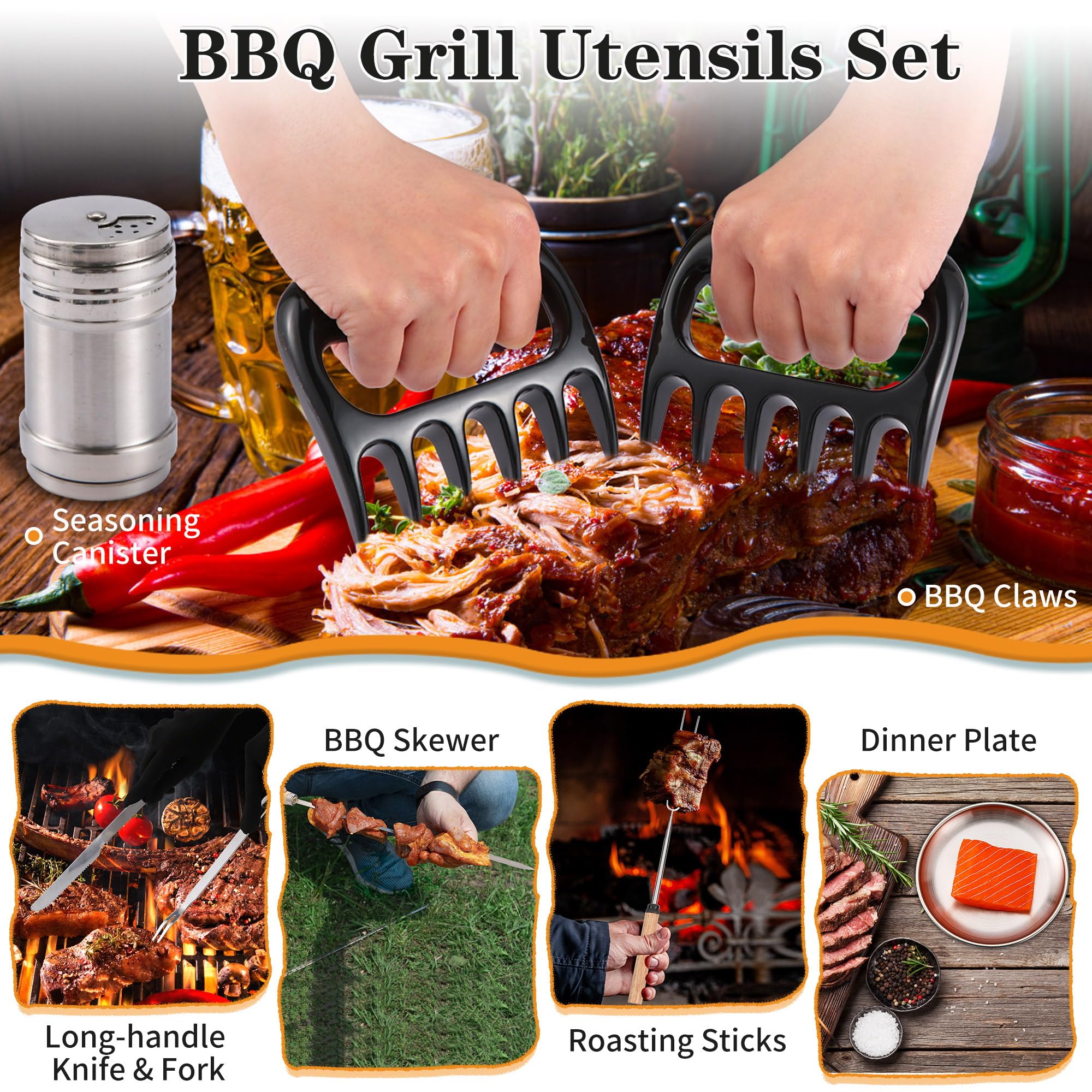 Wesqunie Camping Essentials Kochutensilien-Set – tragbares Camping-Küchen-Küchen-Set, Outdoor-Zubehör, Edelstahl und Silikon, Campingausrüstung für Wohnmobil, Picknick, Grill