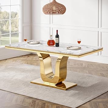 Henf Luxury Faux Marble Dining Table for 6 Rectangular 68" Faux Marble Kitchen Table with Gold Mirrored Stainless Steel Leg, White Gold Large Long Dinner Table Table Only