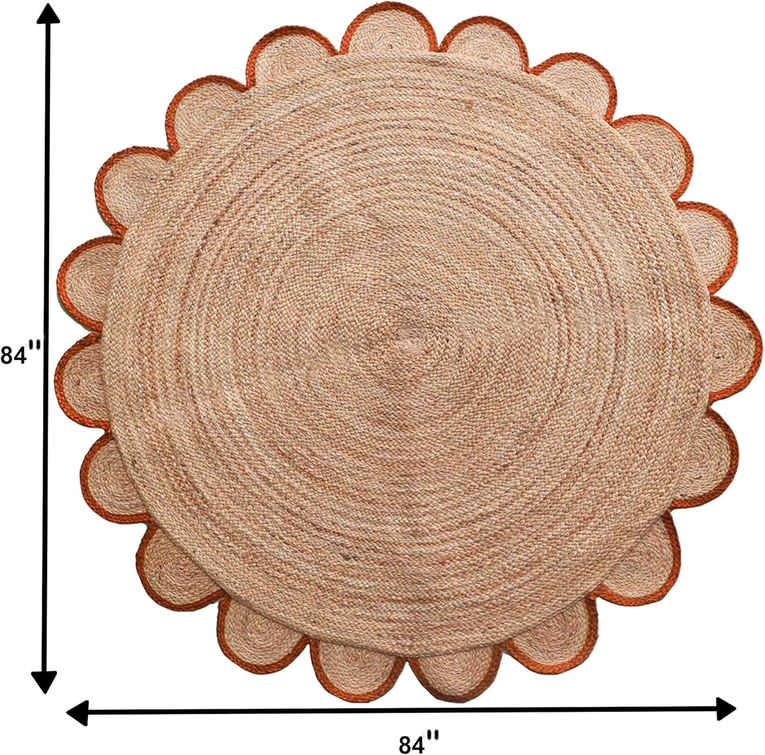 Scalloped Natural Jute Area Rug 13x13 Ft Handmade Indian Jute Rugs Round Orange Border Boho Rug Ideal for Doormat Kitchen Living Room Large Area Farmhouse Decor