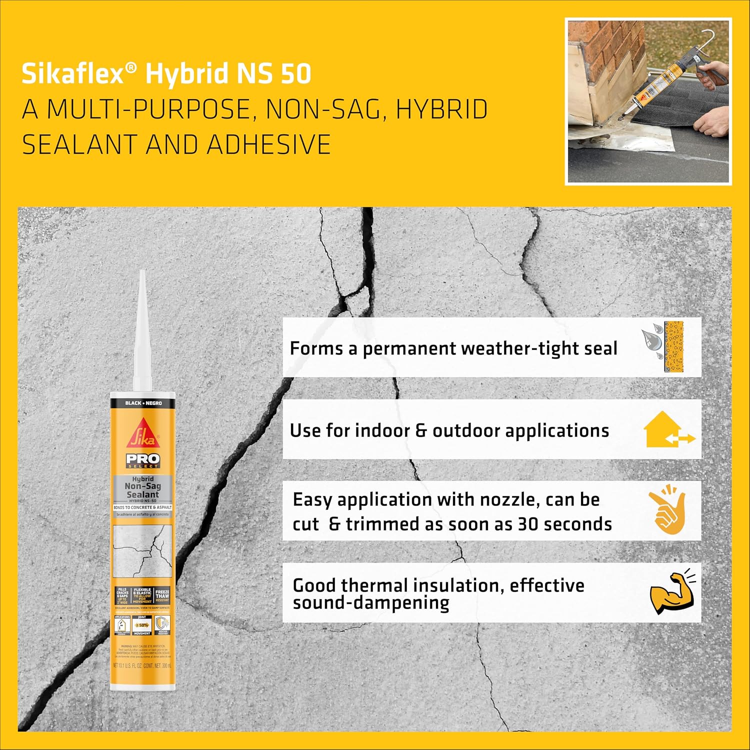 SIKA Sikaflex Hybrid NS 50 Multi-Purpose Non-Sag Sealant and Adhesive, Black, 10.1 oz, ±50% Movement