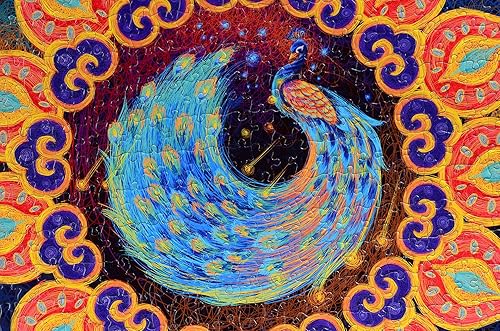 Miniatura 3 de Bgraamiens Puzzle- Huaxia Creature-A Peacock in His Pride-Rompecabezas de 1000 piezas con desafío de colores intensos, rompecabezas redondos de 1000