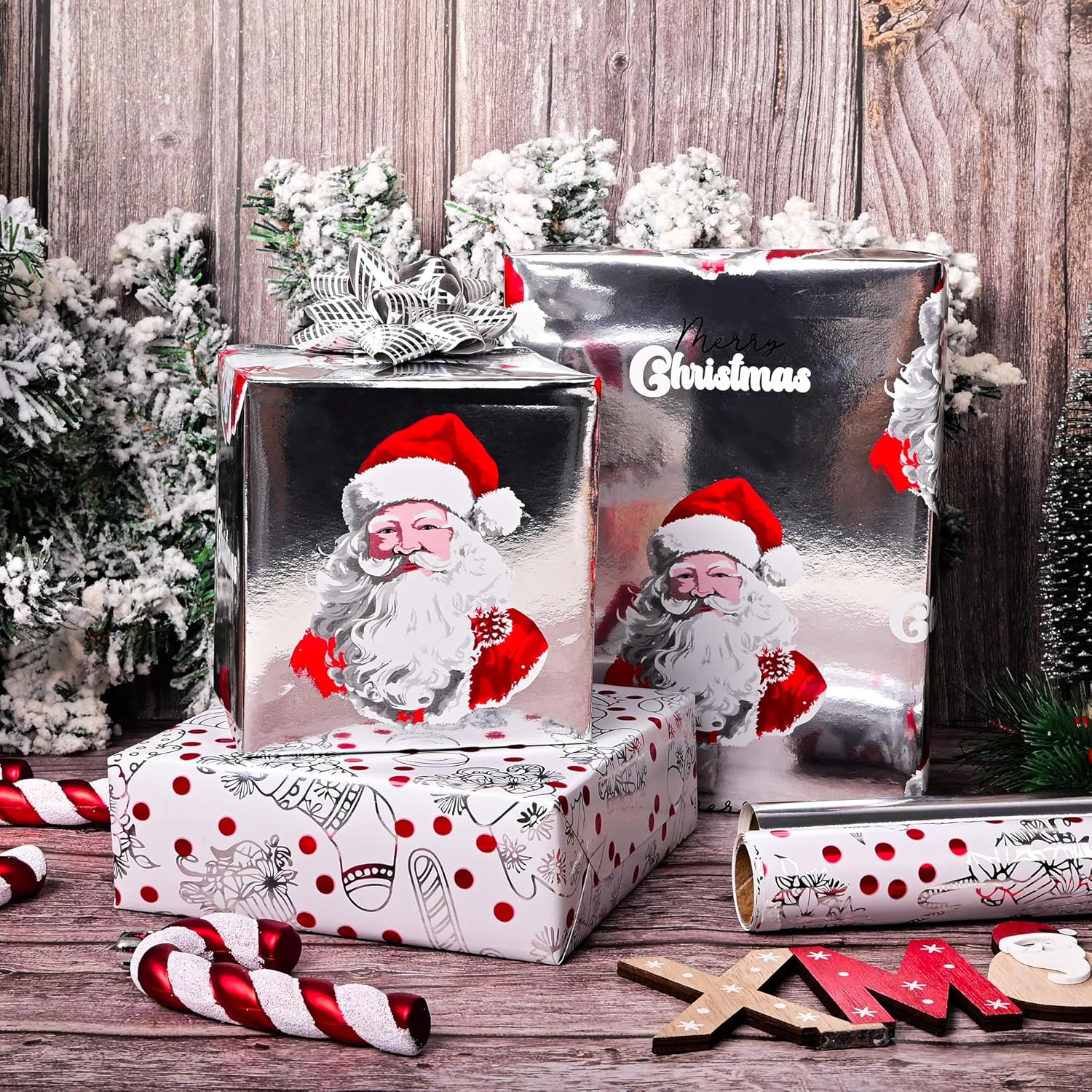 Dtiafu Christmas Wrapping Paper Roll with Cut Line on Back - 3 Rolls Red White Candy Cane Santa Cluas Christmas Texts Metallic Foil Gift Design for Holiday Winter Party Men Women - 17" x 120" Per Roll Red,White,Silver