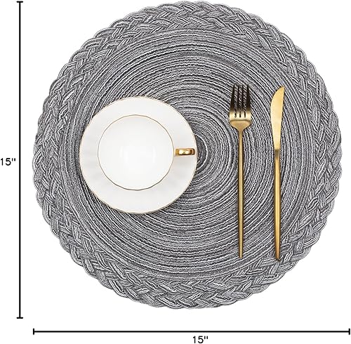 Miniatura 10 de SHACOS Juego de 6 manteles individuales redondos tejidos de 15 pulgadas, borde trenzado, lavables, de algodón y poliéster, color gris