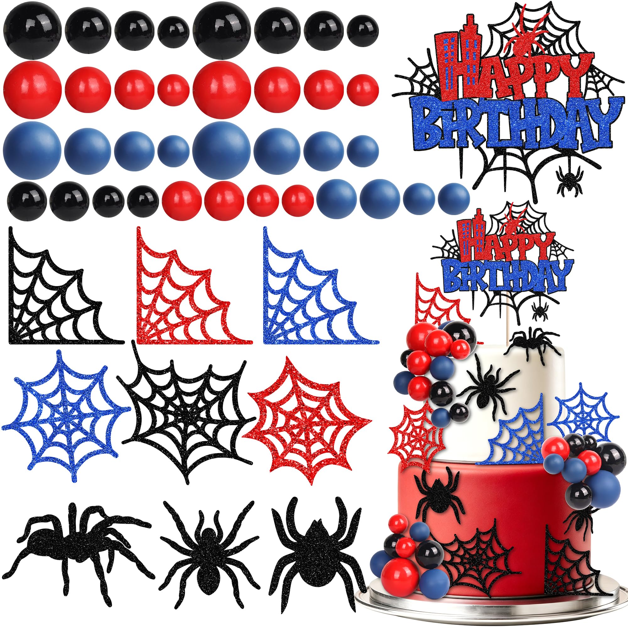 49 Pack Spider Cake Decorations Spider Web Happy Birthday Cake Decoration Red Blue Black Balls Cake Toppers Spider Cupcake Topper Spider Theme Picks for Boys Men Birthday Party Supplies