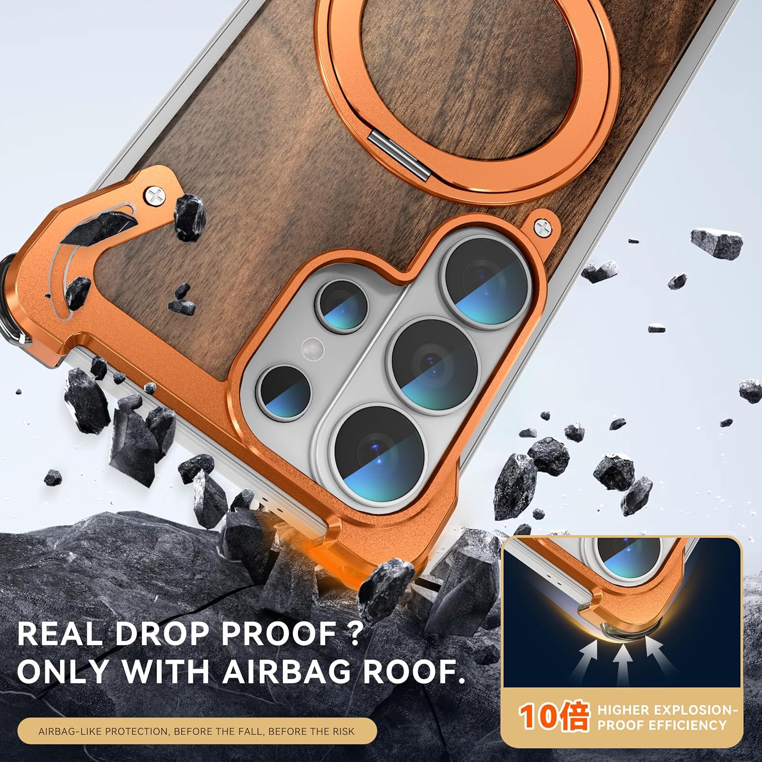 Walnut Wood Aluminum Bumper Case for Galaxy S26 Ultra, Magnetic Ring for Charging Mounts 360°Degree Rotating Stand Slim Frameless Edge Shockproof Corner Cushion Camera Guard, [MW Orange]