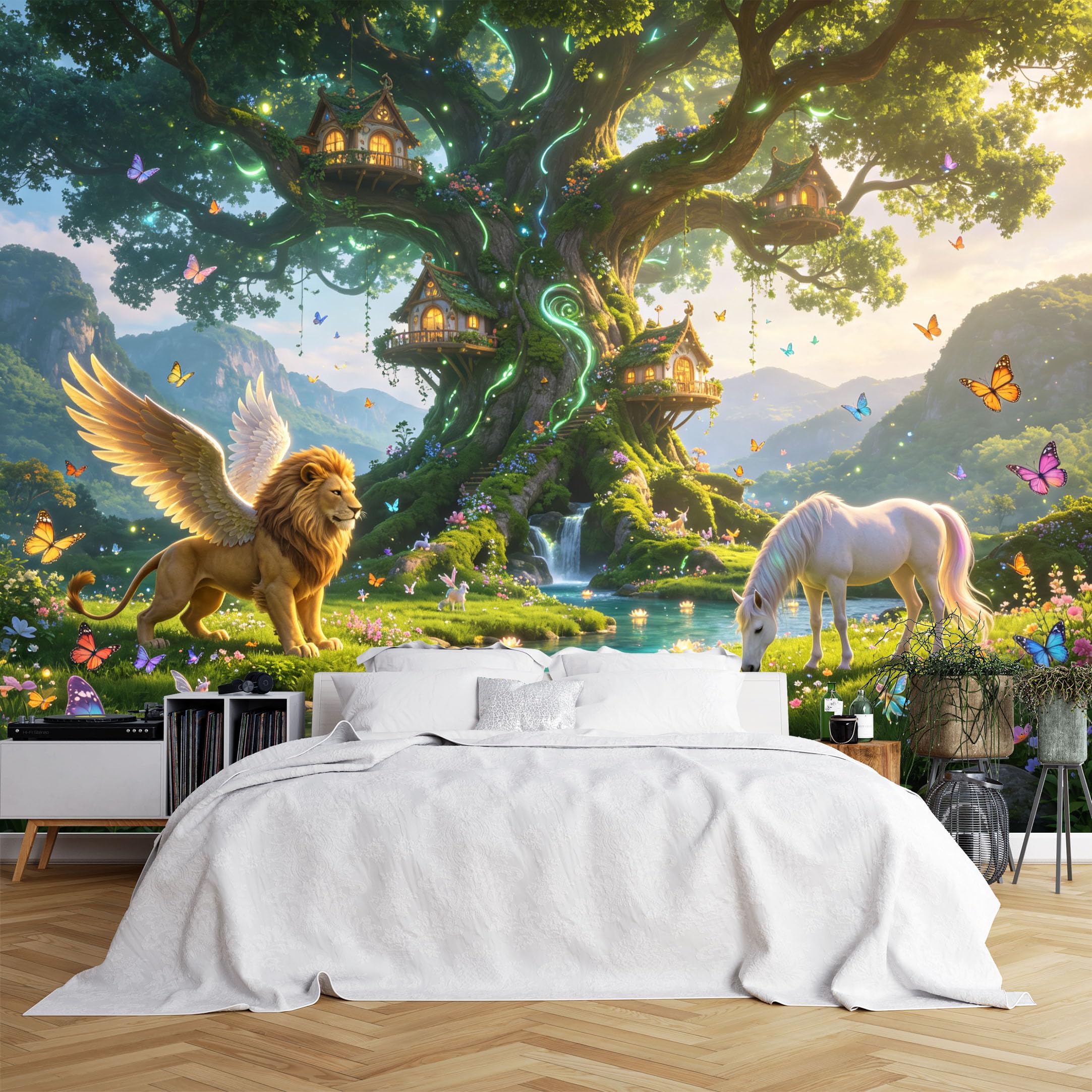 Custom Size Wall Murals Enchanted Forest with Glowing Treehouse and Winged Lion Wall Murals,Vivid Self-Adhesive Removable Wallpaper for Kids Room Bedroom