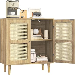 Buffet Cabinet with Storage, Rattan Storage Cabinet, Extra-Sturdy Kitchen Sideboard Buffet with Solid Wood Legs, Coffee Bar Cabinet for Dining Room, Entryway, 31.5" x 15.8" x 34.6"