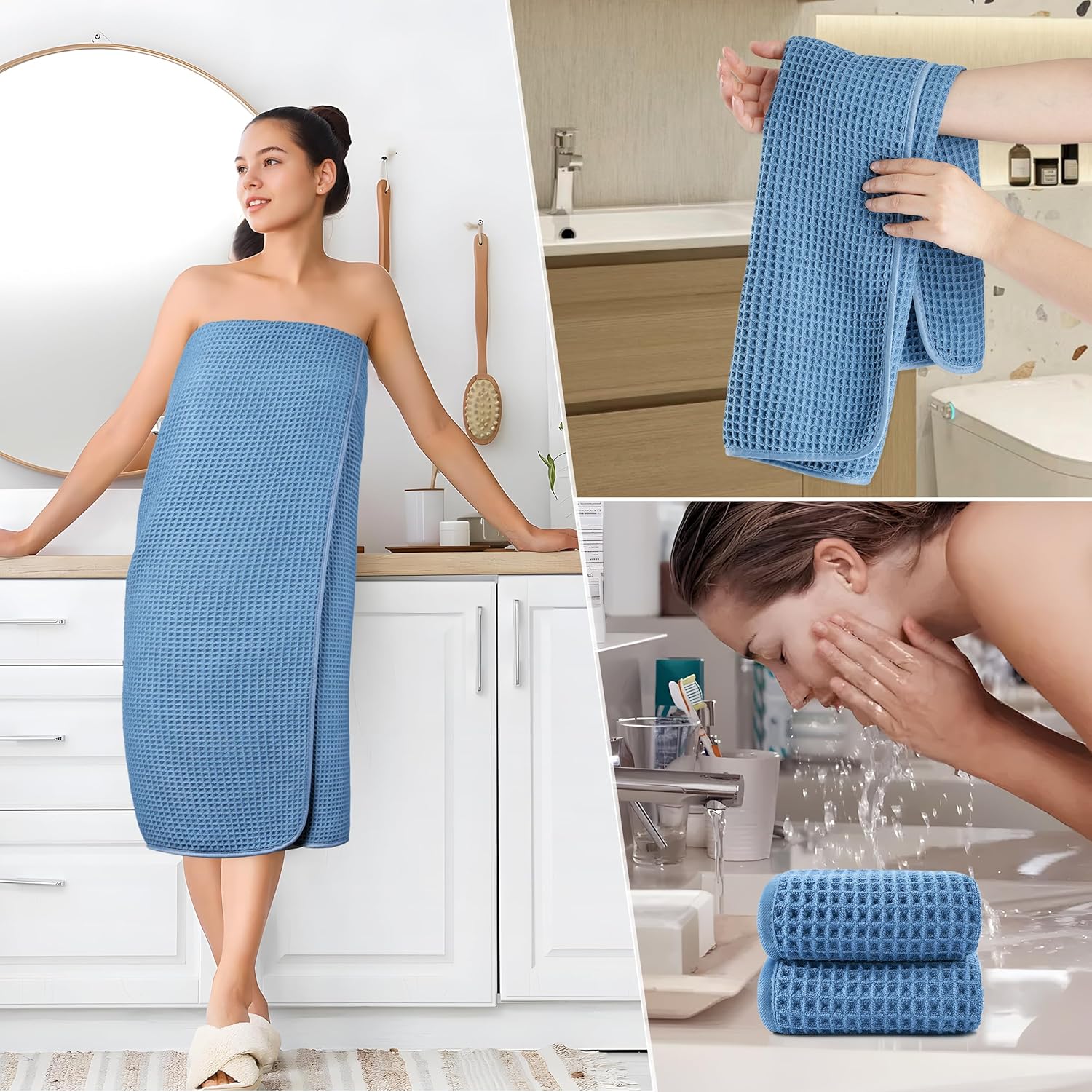 POLYTE 430 GSM Microfiber Quick Dry Lint Free Oversize Bath Towel Set, 6 Piece (Waffle Weave)