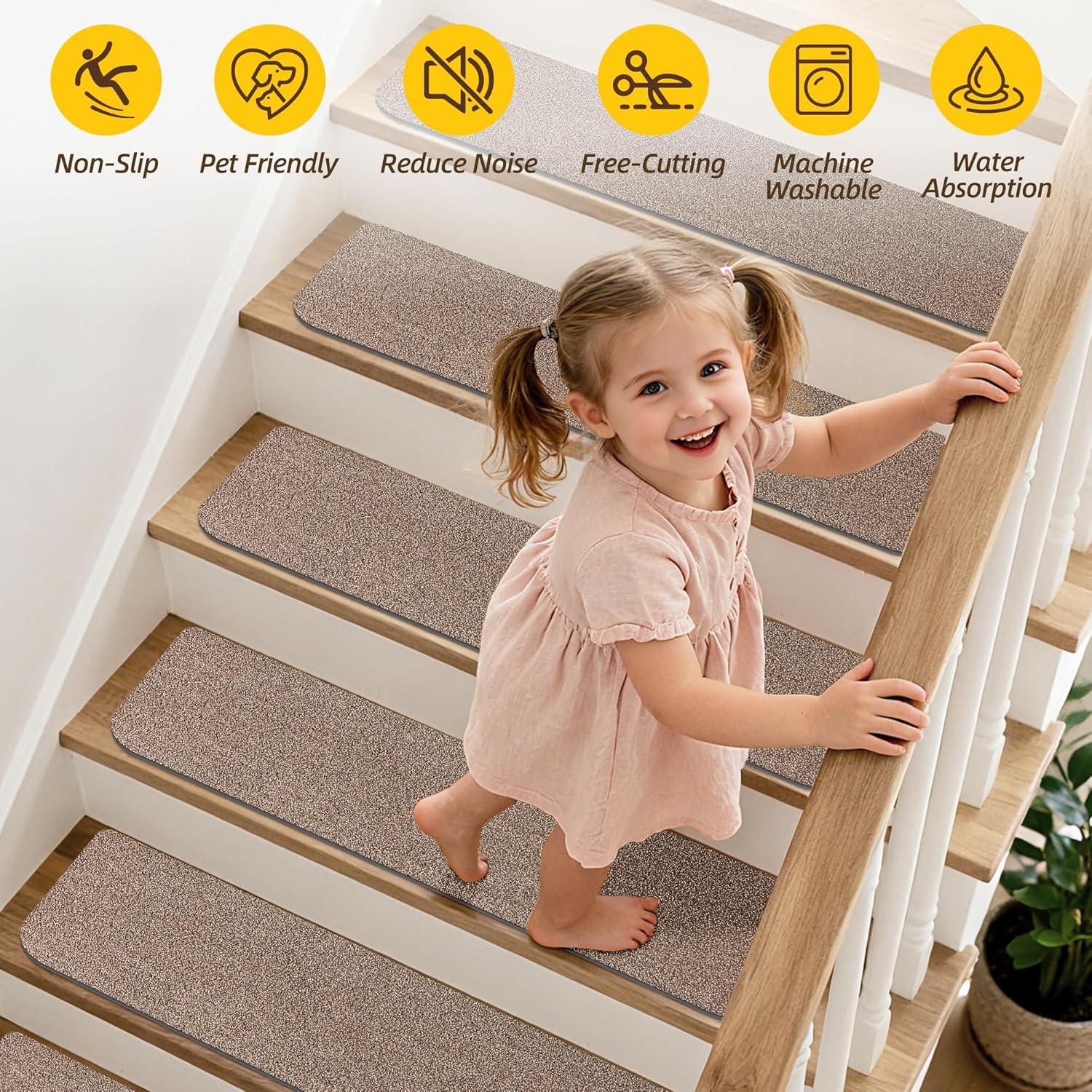 Non-Slip Stair Treads for Wooden Steps Indoor, 15 Pack 9" X 28" Stair Carpet Mats with TPE Backing for Kids Elders and Dogs, 0.3" Thick 100% Polyester Soft Stair Runner Rug, Beige
