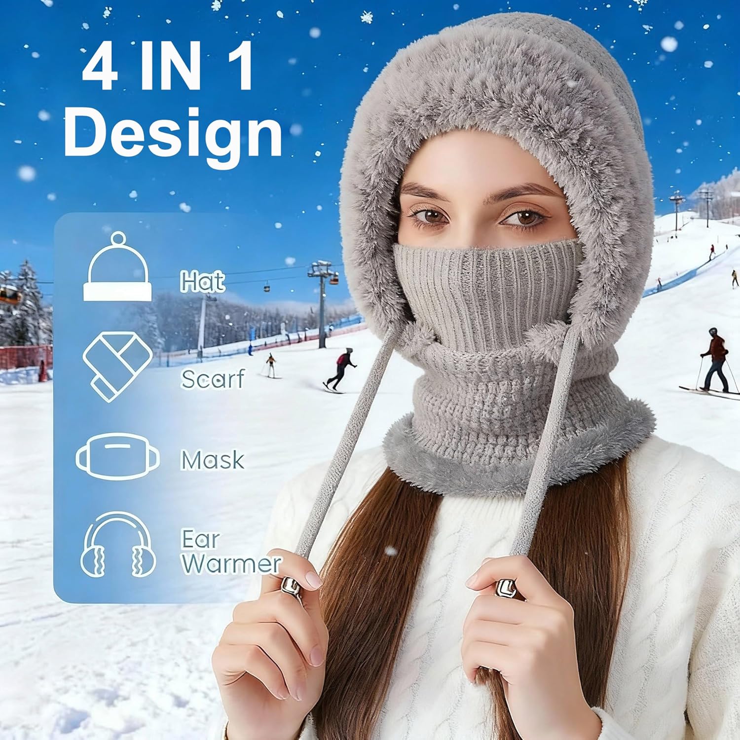 3 in 1 Beanie Hat with Scarf and Mask for Women, Winter Ski Mask & Neck Gaiter Set, Knitted Balaclava Hats for Cold Weather Gray - Image 2