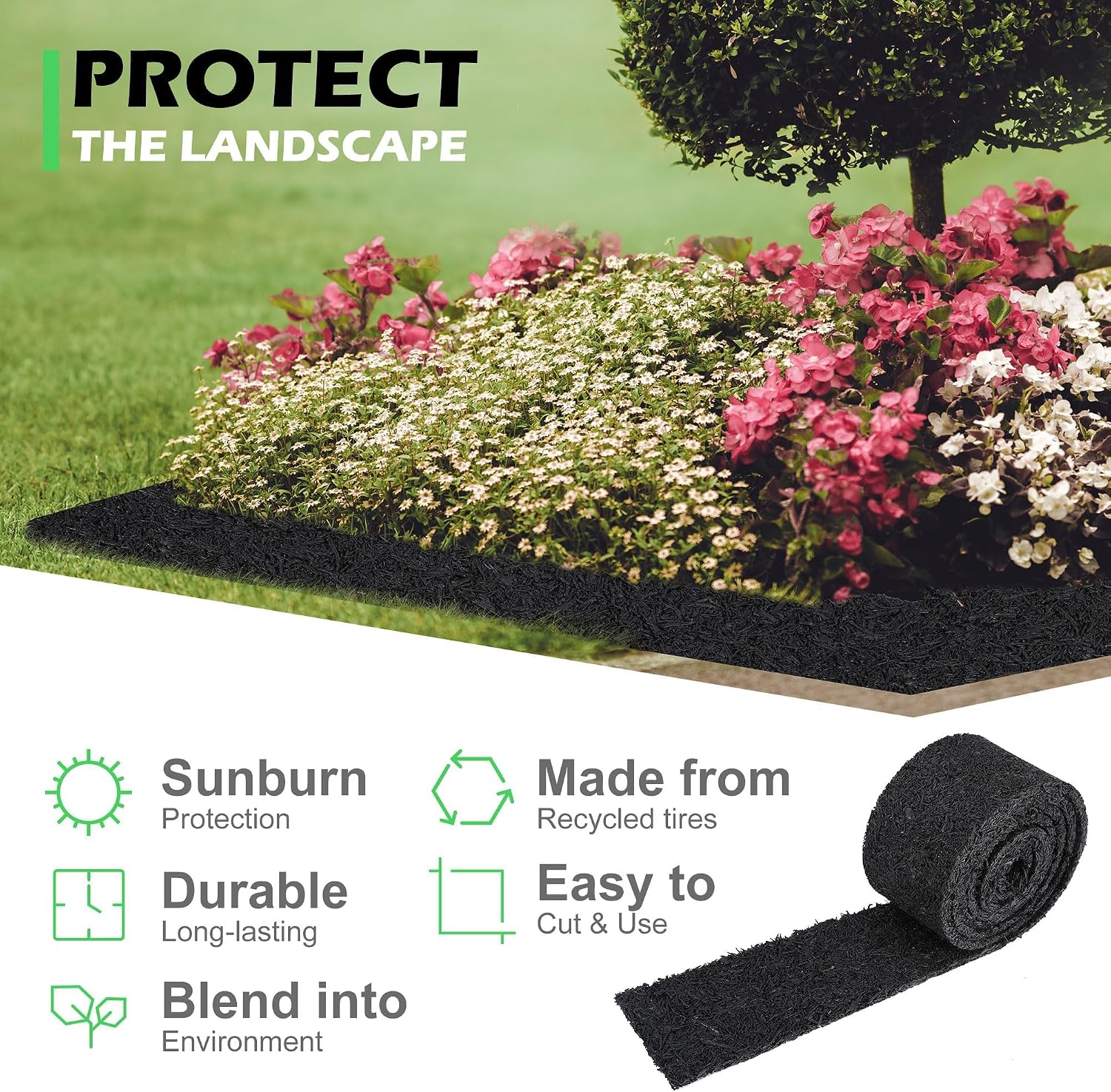 Adnee 140 x 5.5 Inch Reversible Rubber Mulch Mat, 2 Roll Black Recycled Rubber Walkway, Permanent Garden Edging Barrier Mat for Landscaping Plants Vegetables Flowers