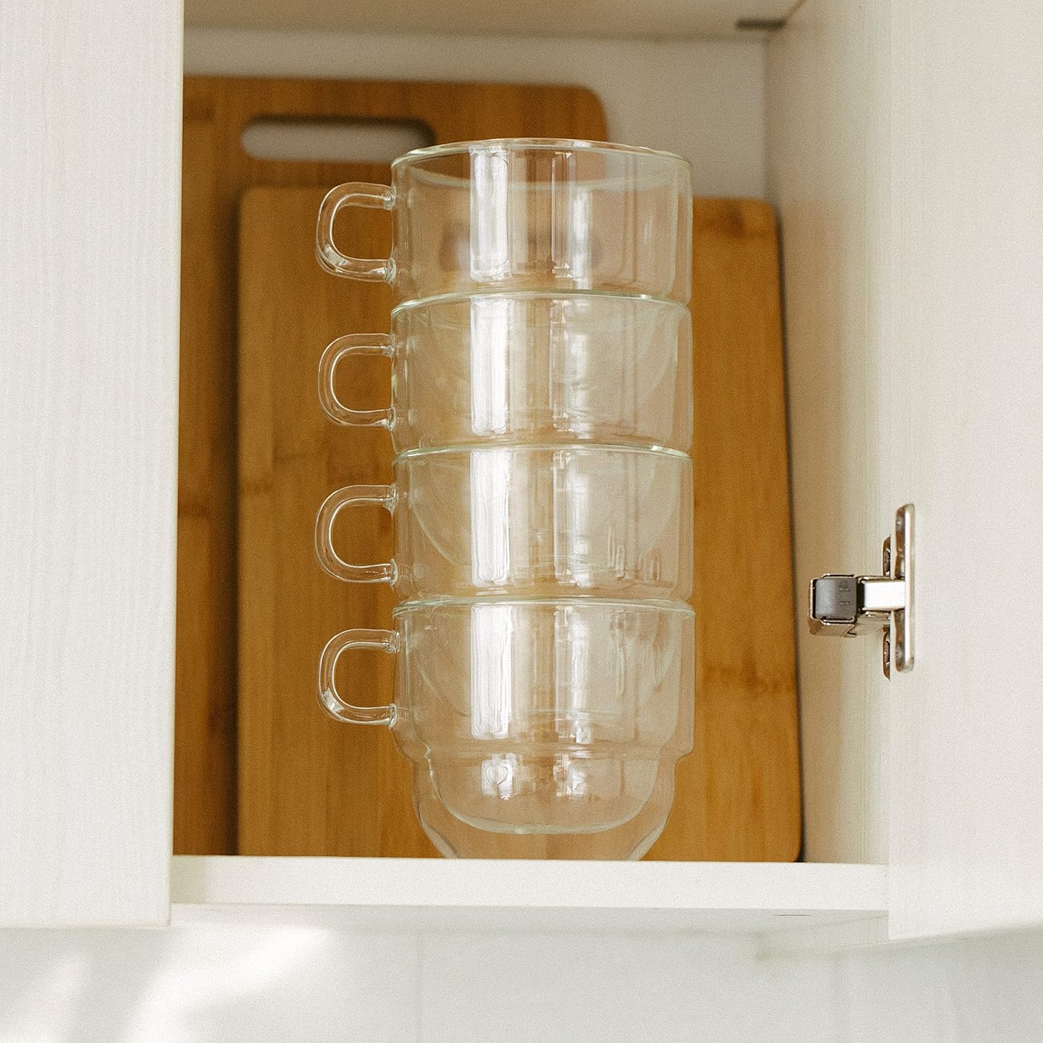 BTaT- Double Walled Stackable Glass Coffee Mugs, 16 oz, Set of 4, Glass Coffee Cups with Handle, Insulated Clear Coffee Mug for Hot and Cold Beverages, Cappuccino, Latte, Tea, Americano