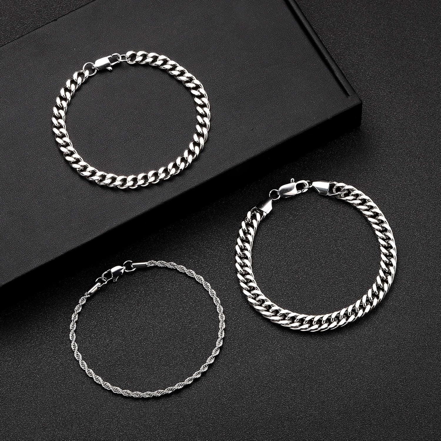Yoosteel Valentines Day Gifts for Him Mens Bracelets Set - Silver Stainless Steel Stackable Bracelet Stack Rope Figaro Paperclip Cuban Link Chain Bracelets for Men Jewelry Gifts 7.5/8.3/9.0 Inches - Image 7