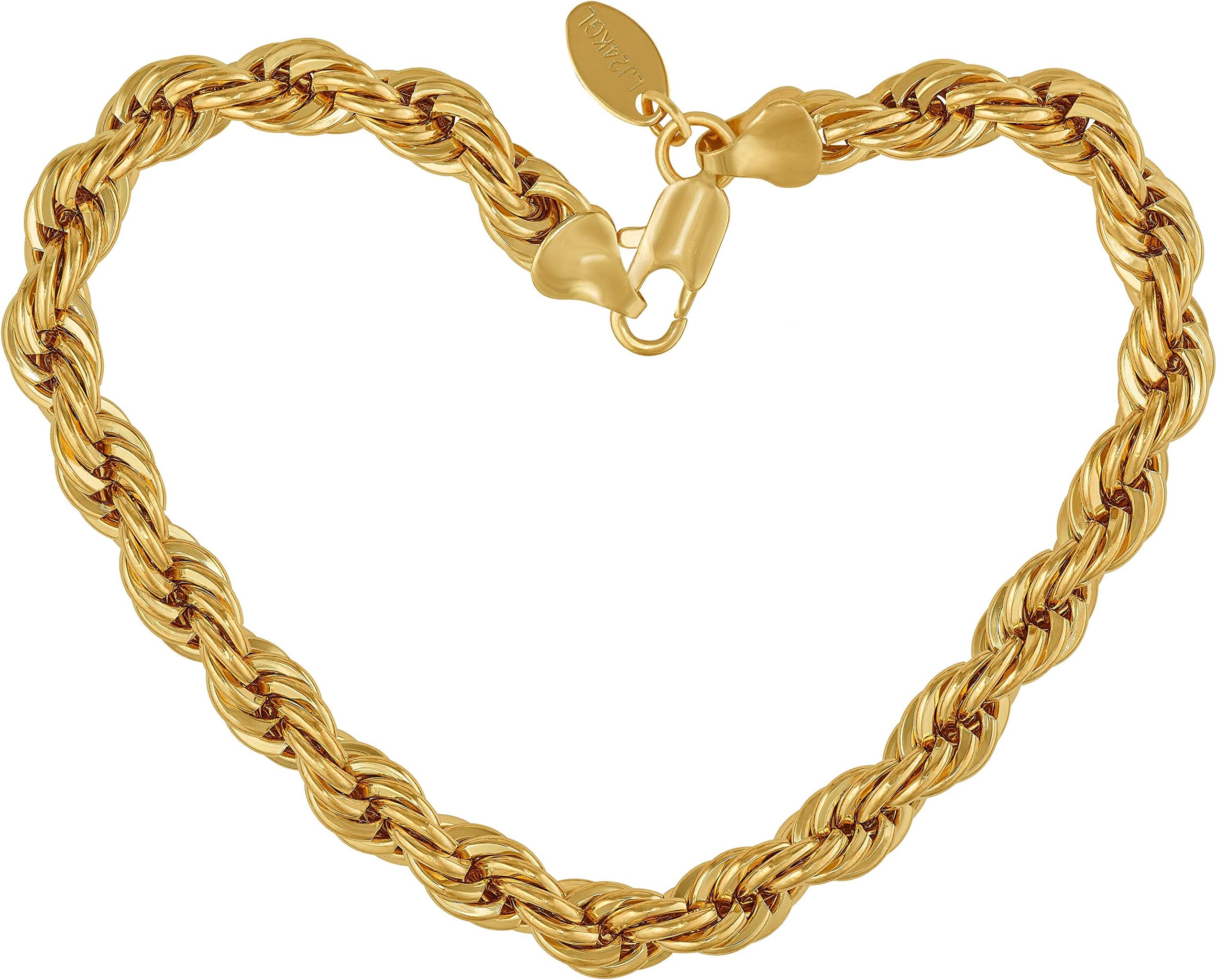 LIFETIME JEWELRY 7mm Rope Chain Bracelet for Men and Women 24K Real Gold Plated