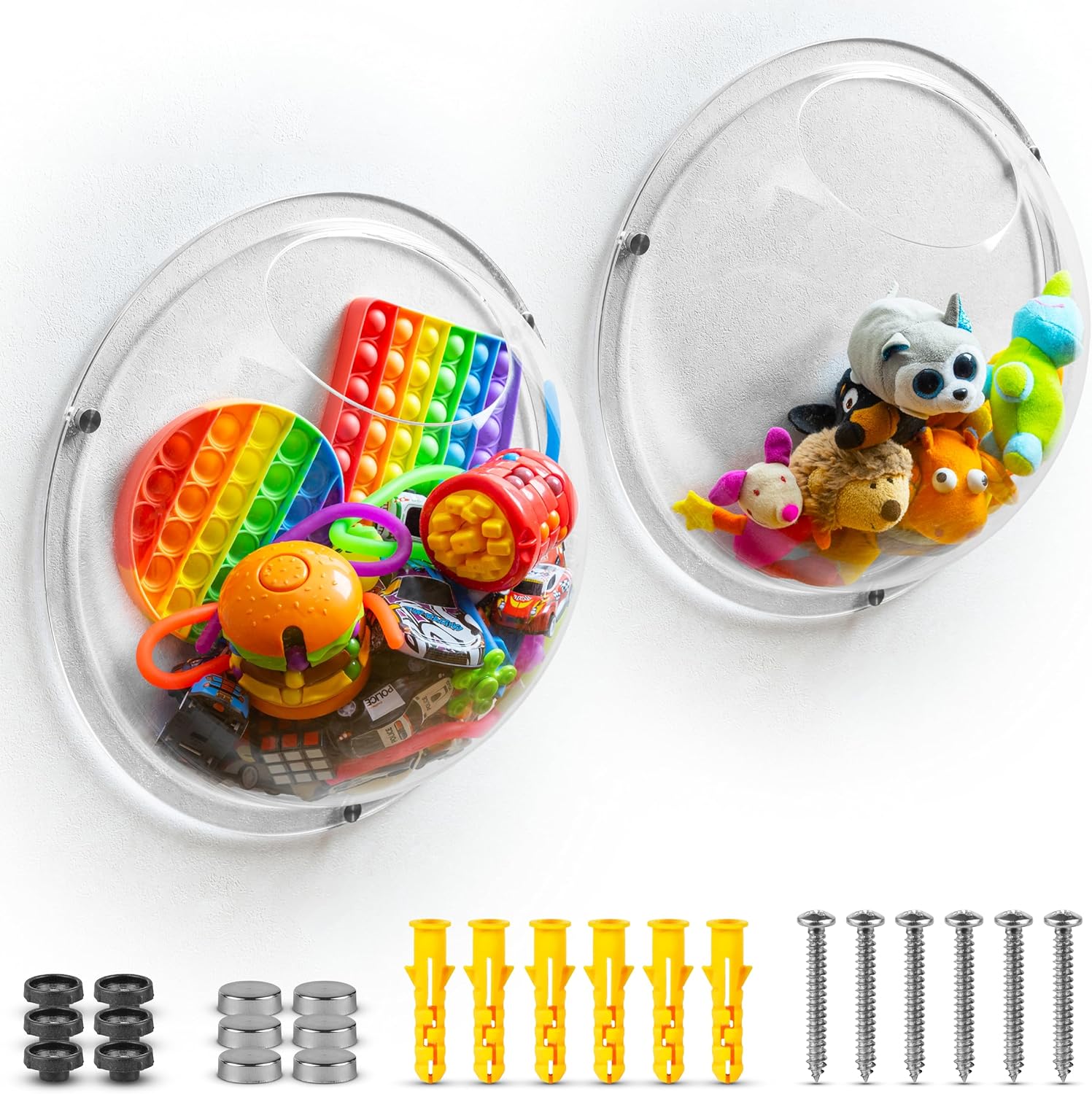 Gomos Acrylic Wall Organizer - 2-Pack Wall Toy Storage and Display - Transparent Bubble Organizer for Kids Room - Easy Installation, Back Panel Included
