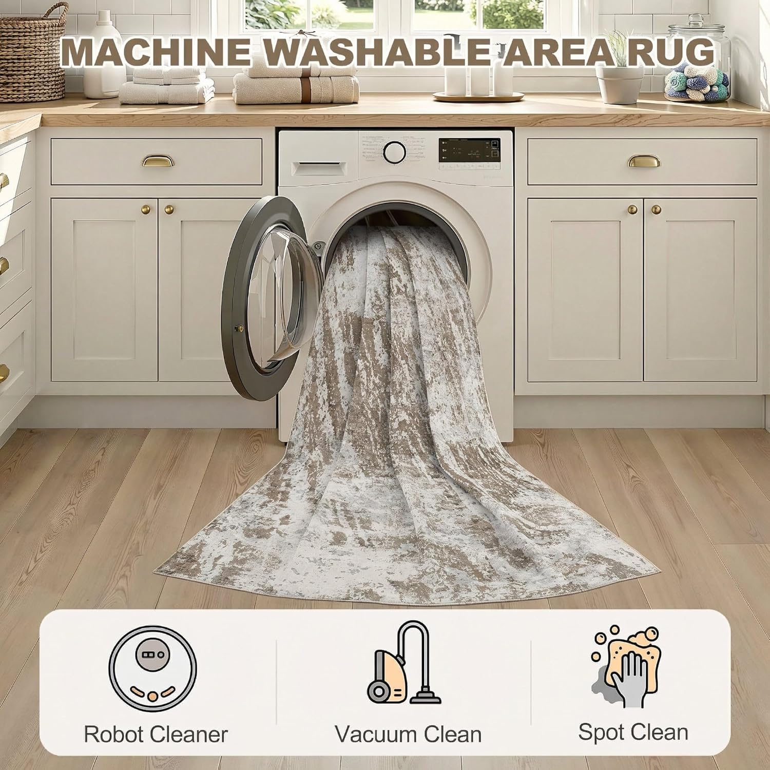 8x10 Washable Area Rug: Abstract Modern Non-Slip Carpet, Soft Low Pile Indoor Neutral Easy Clean Floor Rugs for Living Room Bedroom Dining Room Kids & Pets - Brown